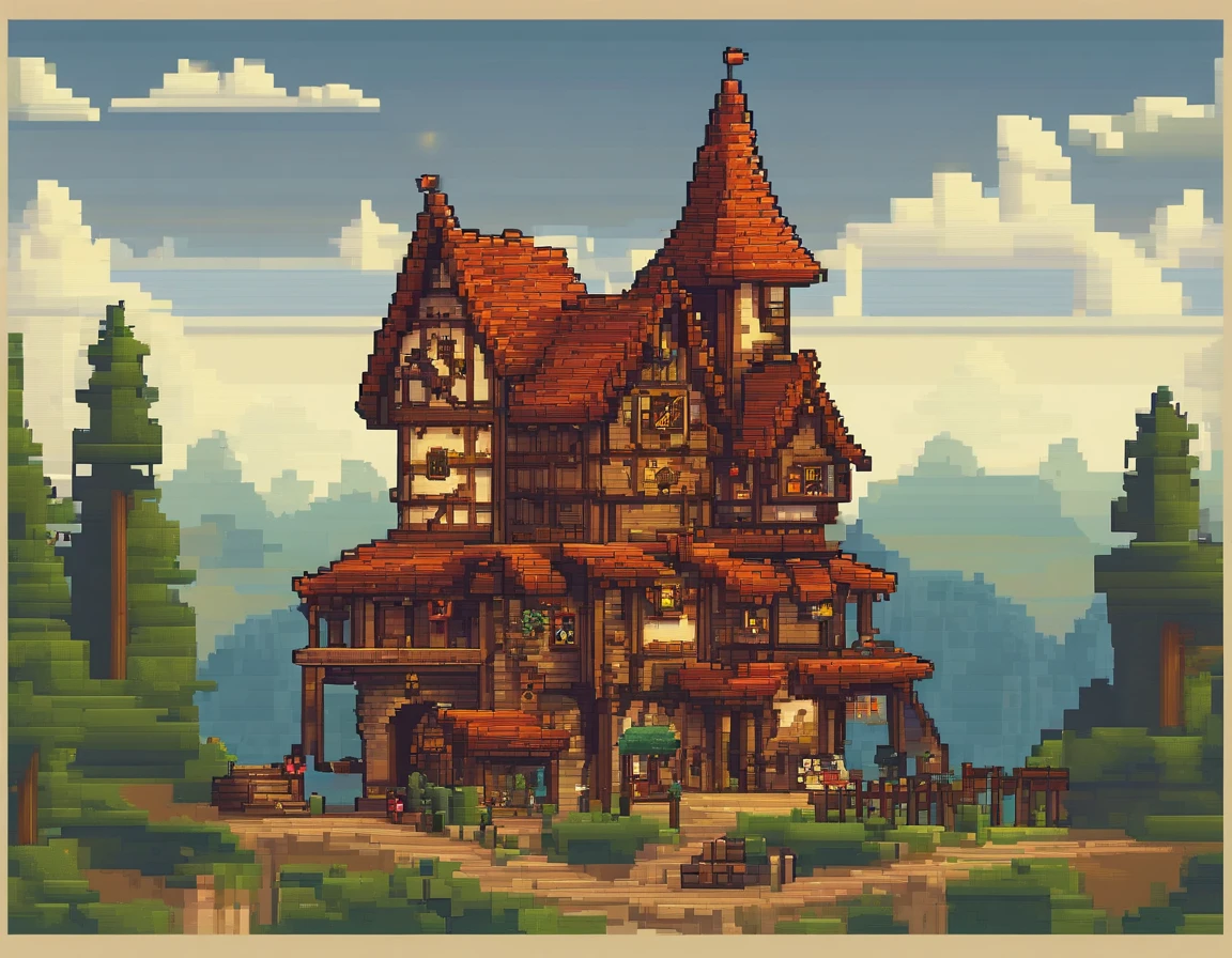 Casa Medieval cercada por Muros Pixel Art. noite. Pixel Art 3D Papel de parede 4K. Amazing pixel art details. Pixel Art. Ondas de vapor. Pixel Art detalhado do mecanismo irreal ,Pvp