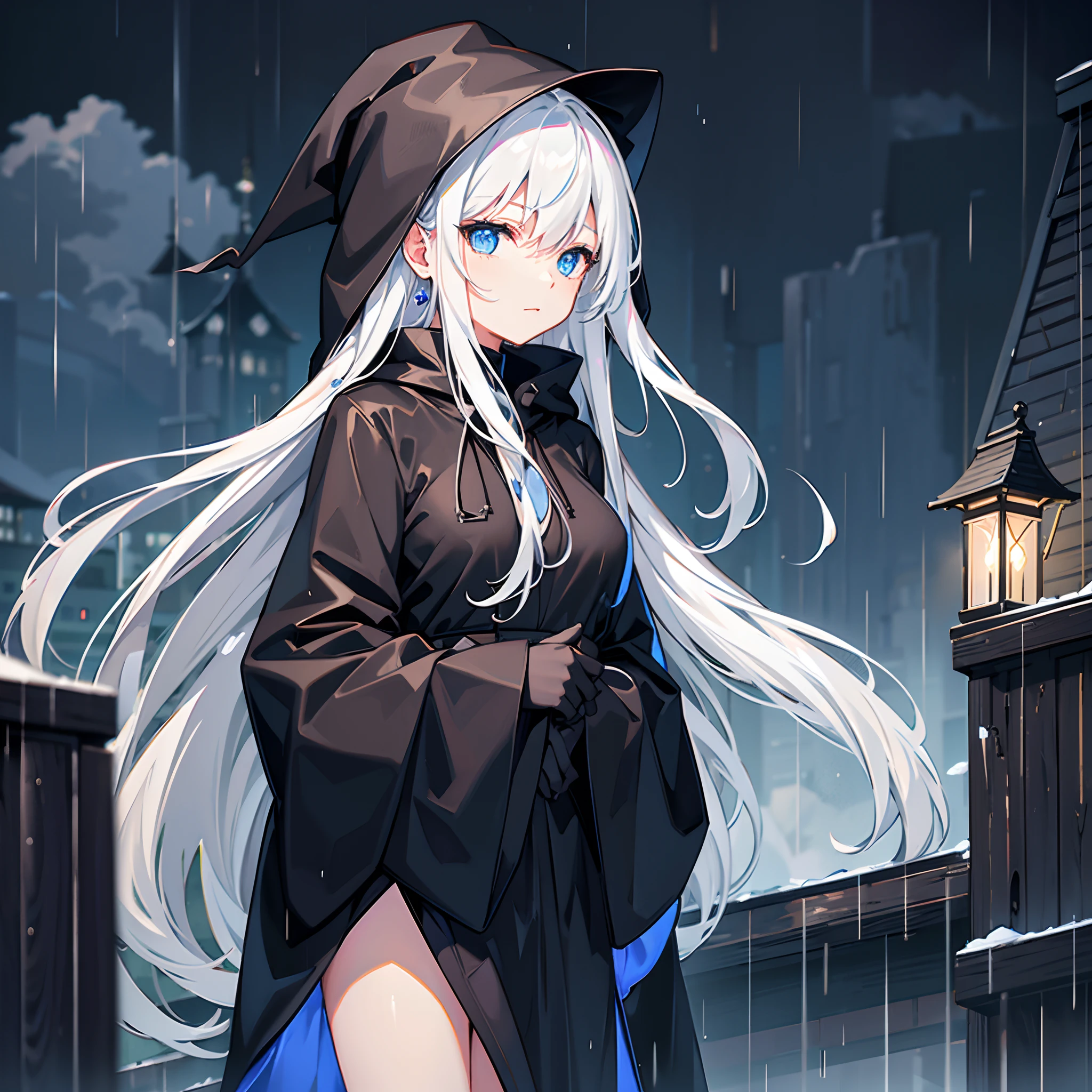Rooftop of a building late at night in the rain、Rainy night view、One Girl Standing、Wizard black hooded robe、white t-shirts、a black skirt、white hair with a green mesh、Blue eyes with highlights、Looking at me with a straight face、Large wizard hat with sapphire accessories