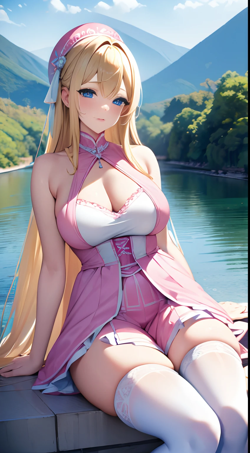 Blonde with blue eyes,pink and white clothes,River Fantasy,white stockings,444 Hz, Beautiful, Breathtaking, Highly detailed, 8K, Use, affectionate, Ultra photo realsisim, Scenery