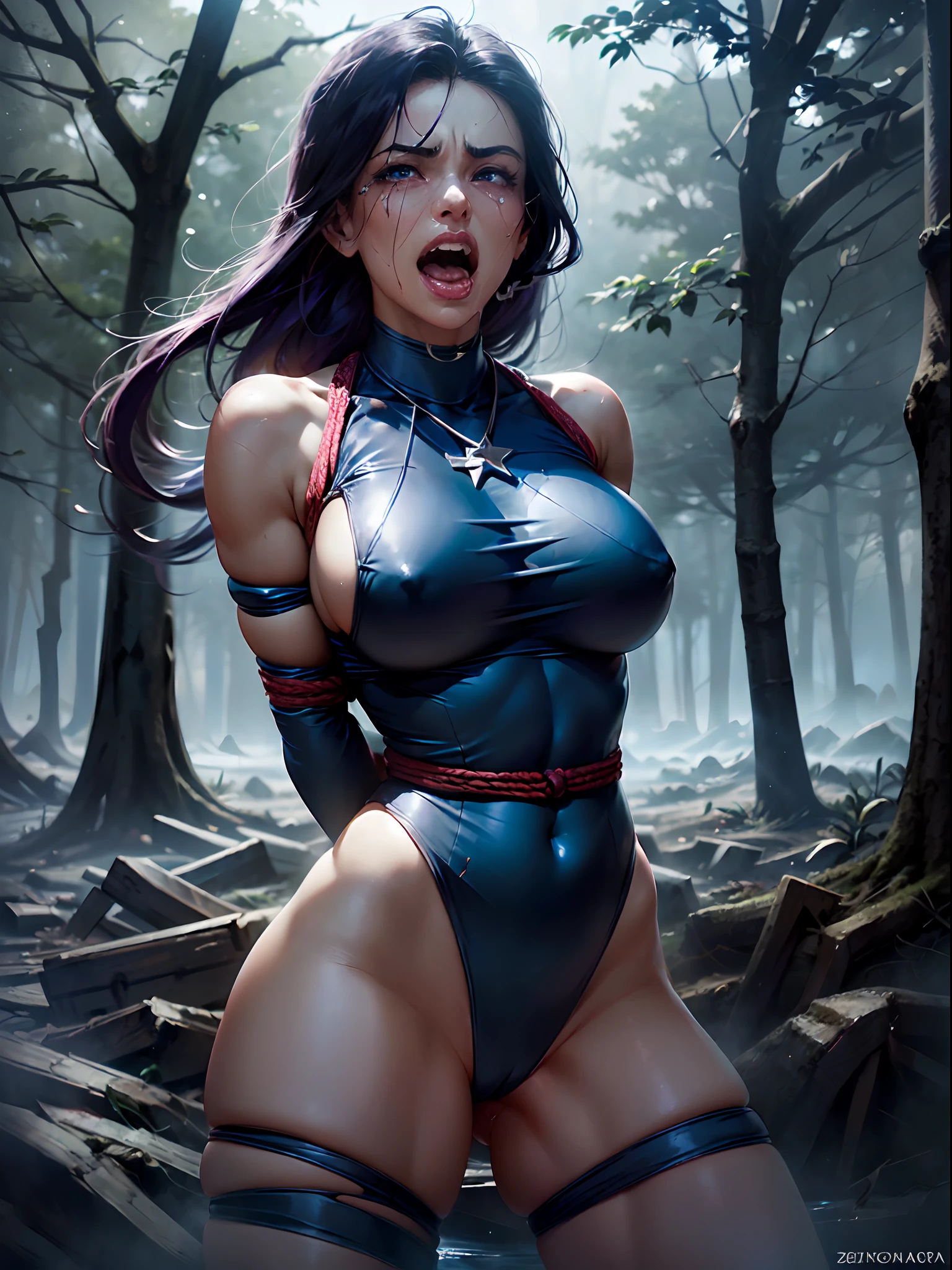 ((PSYLOCKE is in a forest with torrential rains)), ((PSYLOCKE'S GOT HER CLOTHES PIERCED, RASGADA, ESFARRAPADA)), ((SUPERHEROINE PSYLOCKE IS WEAK), ((She's screaming loudly in pain)), (She's crying a lot), ((ela tem cabelo longo)), ((She's wearing a thick steel necklace around her neck)), (She begs for mercy), (Ela esta vestindo roupas imorais, she's wearing indecent clothes), (obra-prima, melhor qualidade) 1.5, 1girl, sozinho, (sexy, mulher bonita, rosto perfeito, olhos perfeitos), corpo inteiro, (CORRENDO dentro da lama, babando, tears streaming down her face), ((Shibari)), ((rope bondage)), ((arms behind back)), ((Totalmente amarrado)), ((Fortemente contido com cordas))