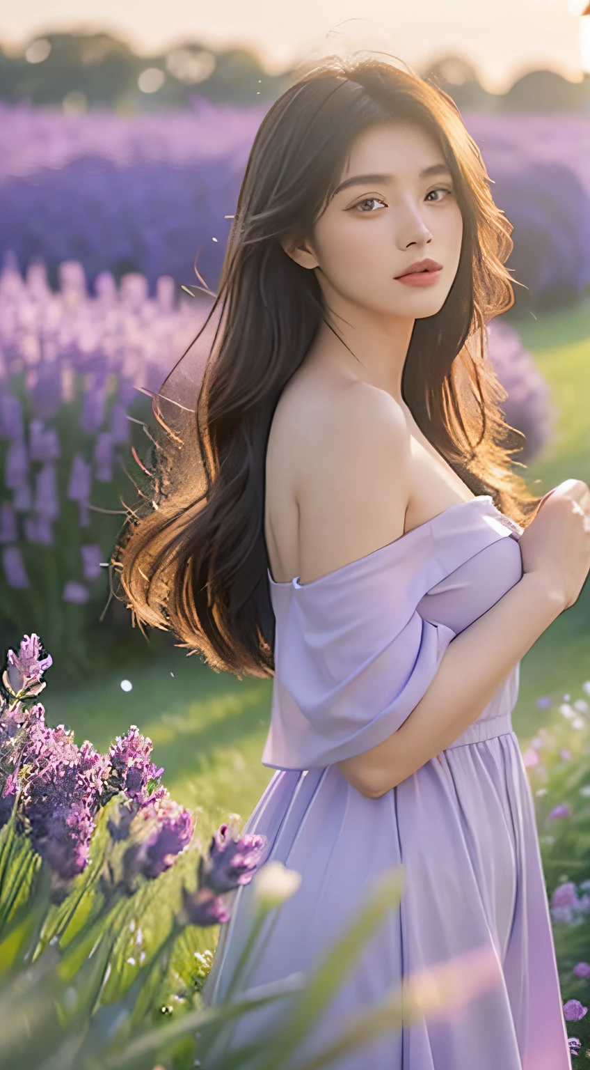 (hyperrealistic), (8K), 1 young girl, (beautiful detailed eyes), (beautiful detailed lips), (extremely detailed face), (long eyelashes), (soft smooth skin), (Supermodel body), (supermodel measurements), (wear Dress with a high slit), (in the lavender field), (stand Looking over your shoulder:1.2), (vivid colors), (bright sunlight), (subtle shadows), (gentle breeze), (butterflies fluttering around), (delicate lavender scent), (dewdrops on flowers), (tall green grass), (lush purple lavender bushes), (golden sunset), (soft warm glow), (dreamlike atmosphere), (crisp clear details), (high definition), (natural lighting), (impeccable quality), (ultra-fine painting), (romantic and serene), (postcard-worthy scene), (captivating beauty), (innocence and youthfulness), (sublime elegance), (timeless charm), (ethereal mood), (artistic masterpiece), (mesmerizing composition), (flawless artistry), mix4
