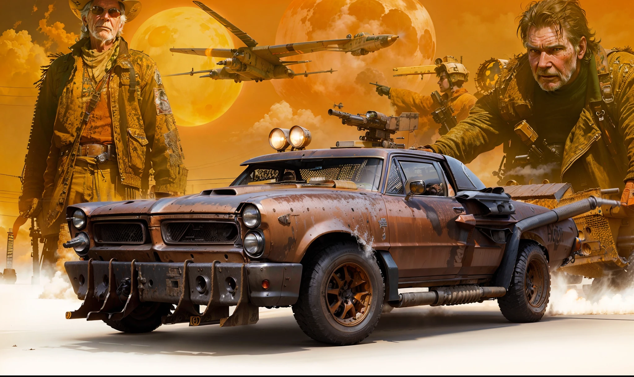 A heavily armed Grunge Pontiac with missiles and machine guns in the foreground and Harrison Ford and other people in Mad Max style and a flying object in the orange red sky with a big sun
