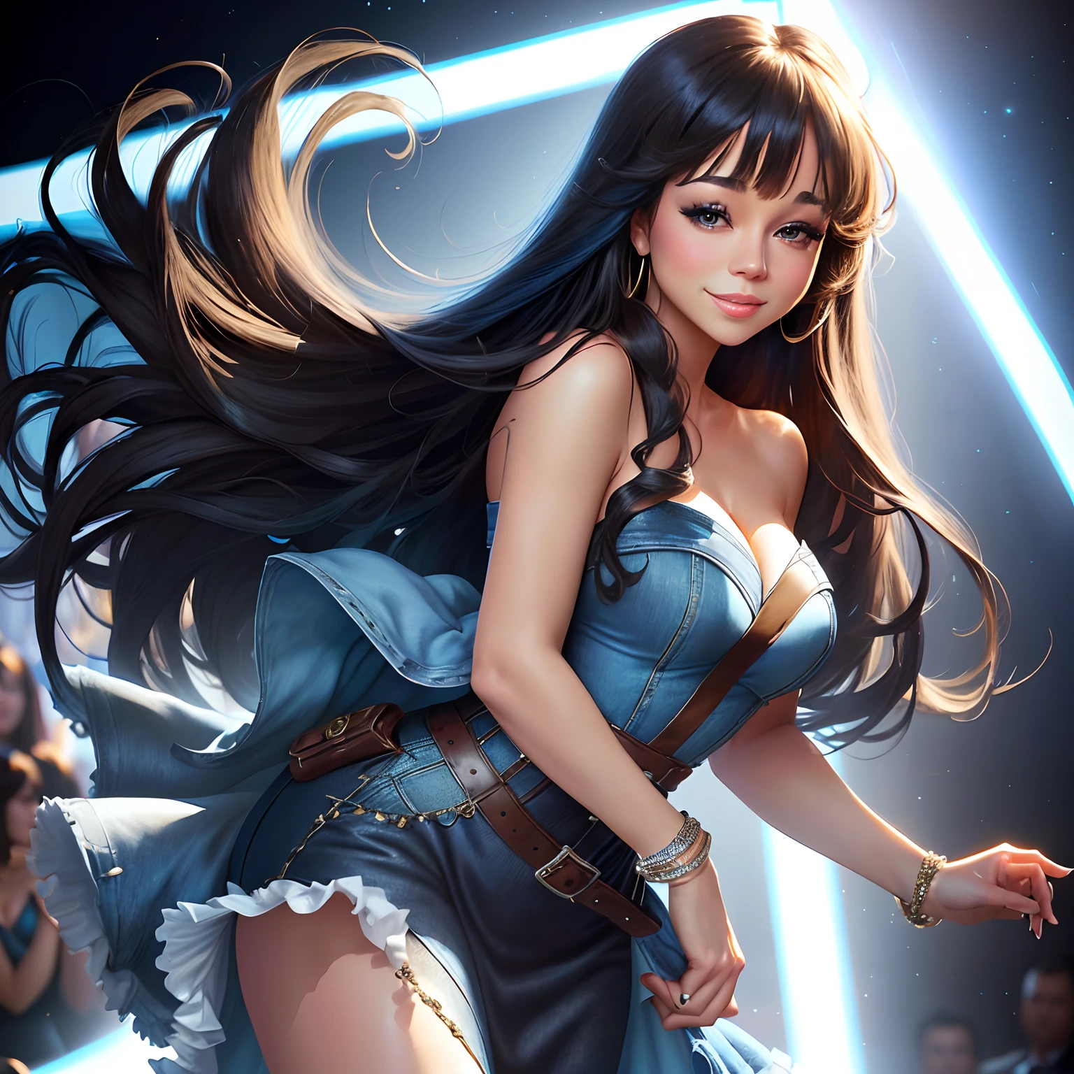 Mariah Carey with very long black hair and bangs posing at a fashion show in the style of a Disney princess, her outfit consists of a short strapless blue denim dress with a blue denim jacket resting on the shoulders.