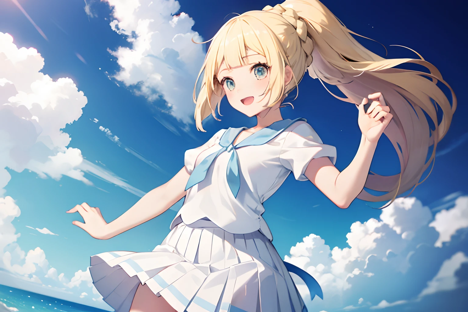 aalillie, long hair, ponytail, french braid, white shirt, short sleeves, white skirt, pleated skirt,Smile with open mouth,nimbly,Skirt combing,White panties,blue-sky,beautiful ocean,Navel out,Top image quality,Masterpiece,Best Quality