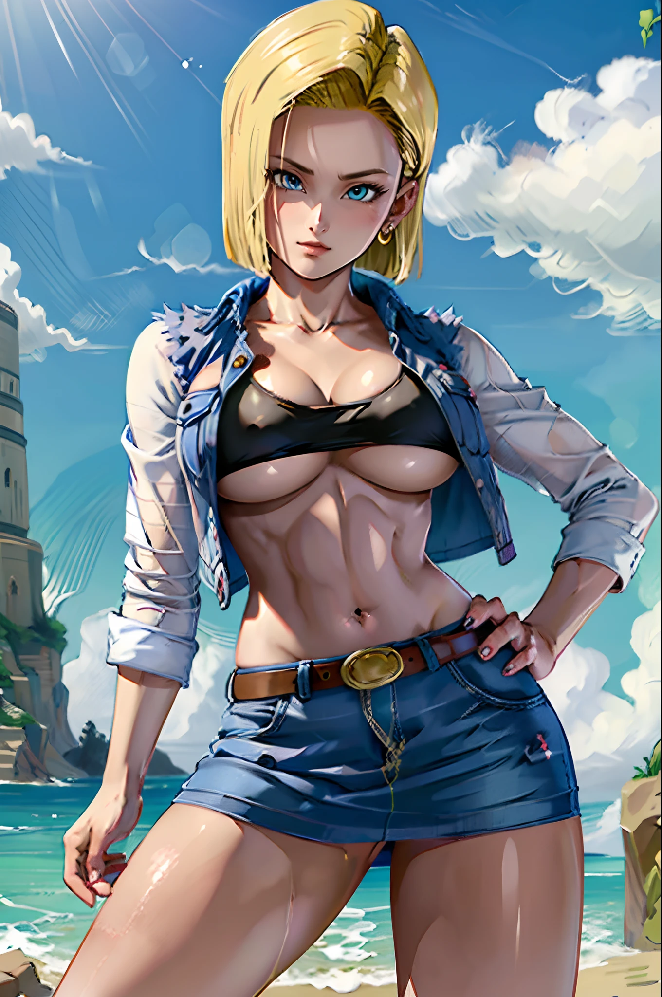 Hyper detailed image, UHD, 16k, professional photo, (Realistic photo of Android-18 From Dragon Ball Z) girl Goddess of beauty, very straight short blonde hair, serious face expression, ((she wears a blue denim jacket and a cropped white shirt, short white underground showing flesh of the breast)), erotic, open denim jacket showing her impressive, beautiful and perfect big breasts, ((natural sagging breasts, breasts, ultra giant pointed long breasts sticking out of the jacket)) full breasts, body big skinny, curvy, pert ass, she wears a belt and a (((blue denim skirt raised she doesn't wear panties, pussy showing, pubic hair showing, lifting her skirt with her hand))), thick legs open, grinning showing thong stuck in pussy, flexible body, brown boots, perfect hands and fingers,
  android 18, sexy saiyan girl, she releases blasts of power, ki, Official Art, Android-18 Sexy female, official art of the character, sexy female protagonist, curved body, thin and toned, legs open, exposed, micro thong threaded into her pussy:8, Akiri Toriyama, Director: Akira Toriyama, Bulma from Dragon Ball, Best Anime Character Design, Style Akira Toriyama, unique character beautiful, semi-nude, (great lighting) (pussy, Pornography, pubic hair), ( without panties showing pussy)