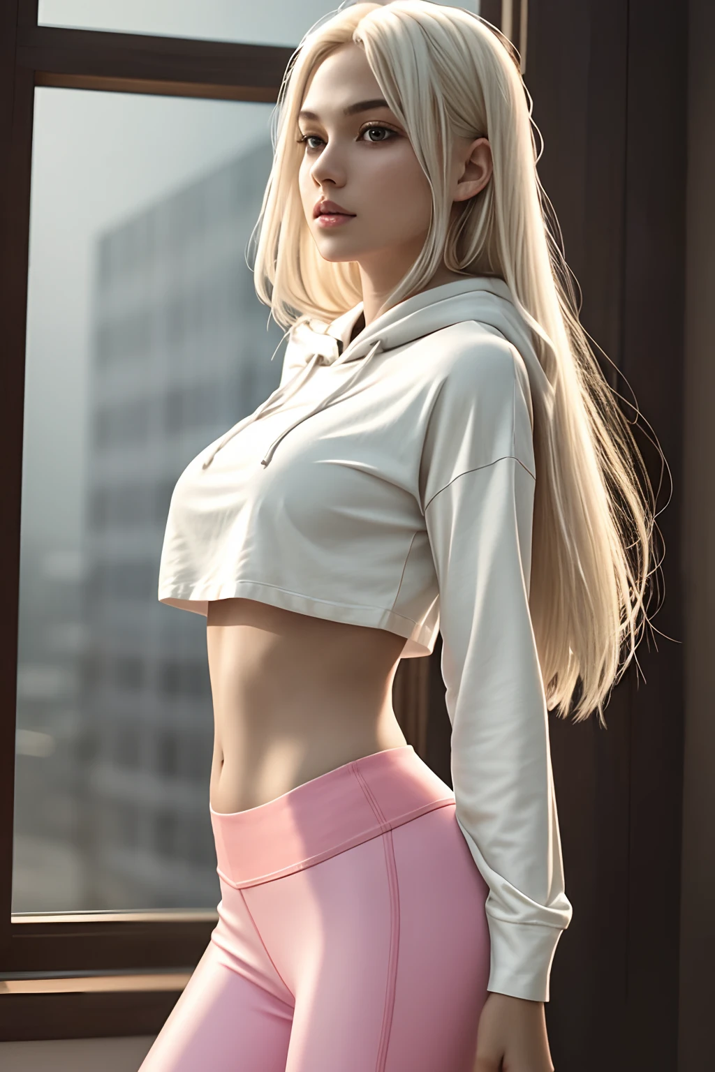 1girl in, 19, Solo, Aesthetic artwork, platinum blonde hair, long straight hair, detailed hair, full c cup breasts, c-cup, slender body, Full body, detailed skin texture, side profile, crop top hoodie, pink crop top, leggings, hiking trail, (extremely detailed 8k wallpaper), soft lighting, high quality, film grain, Fujifilm XT3 sharp focus, f 5.6, 50mm, High Detail, Sharp focus,(fire light), (seductive), Realistic, ultra realistic, photo realistic
