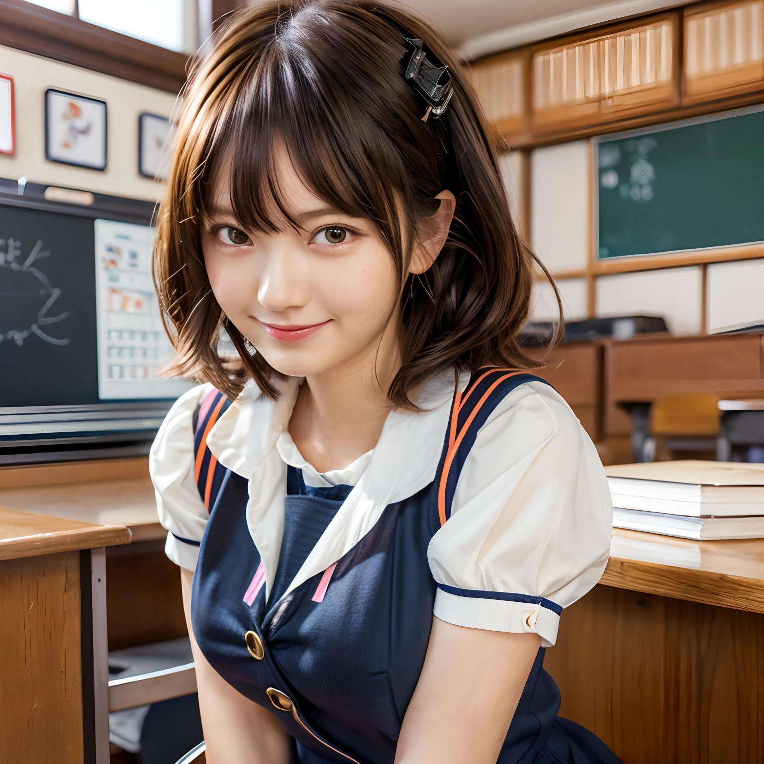 ((masutepiece)), (((Best Quality))), ((Ultra-detailed)), ((Illustration)), ((disheveled hair)), huge-breasted:1.8.Big anime girl posing in front of blackboard, Seductive Anime Girl, a hyperrealistic schoolgirl, a hyperrealistic schoolgirl, oppai, Smooth Anime CG Art, Japan schoolgirl, Ecchi, Teasing smile