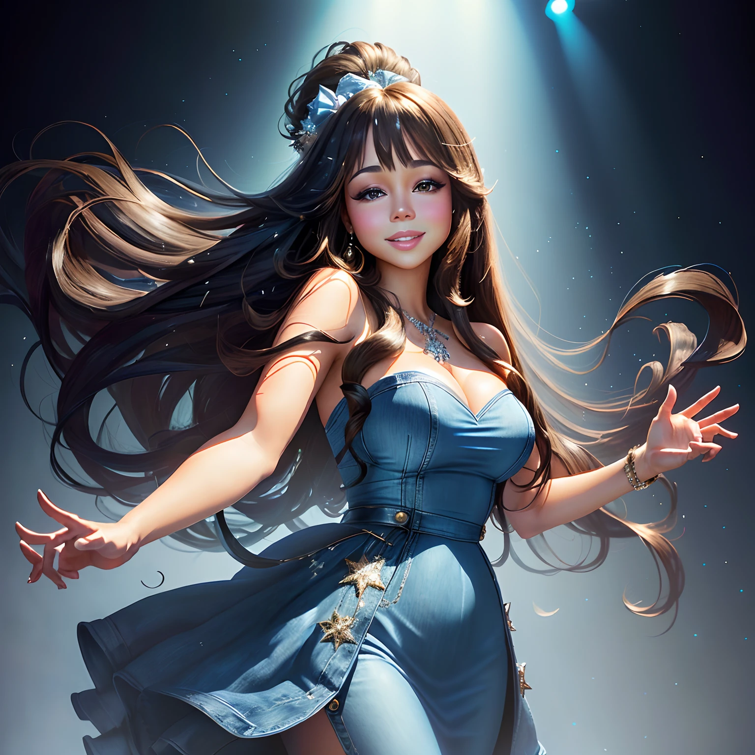 Mariah Carey with very long black hair and bangs posing at a fashion show in the style of a Disney princess, her outfit consists of a short strapless blue denim dress with a blue denim jacket resting on the shoulders.
