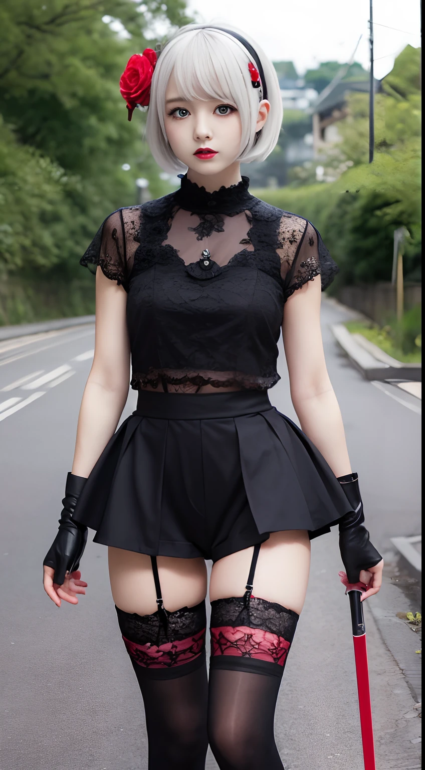 short-hair、Japanese Gothic Lolita、hotpants、Perforated Lace Knee Socks、head phone、Hold the sword、White hair red mesh、Black boots、Floral hair ornament