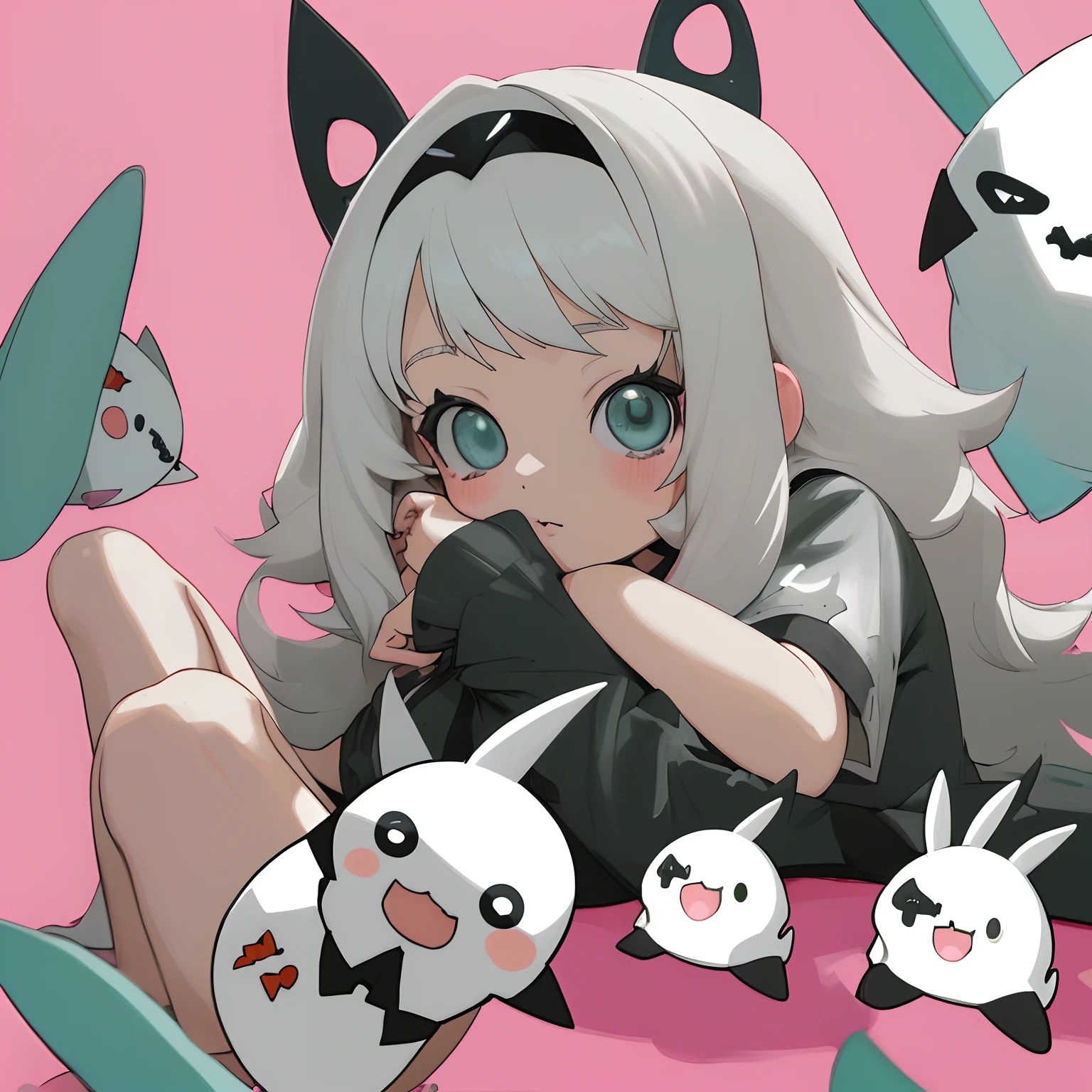 (Modo anime), loli con pechos, pelo blanco con toques rosas, tapada con una manta