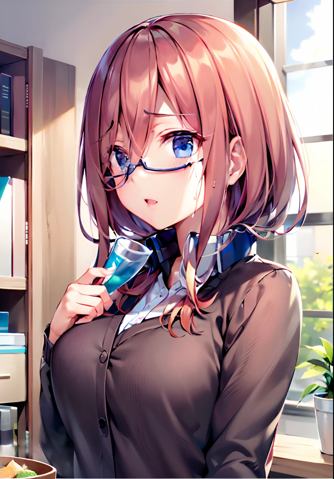 top-quality、study（1:6）、Full-length images of the highest quality、Highly detailed anime super detail、​masterpiece、tre anatomically correct、Detailed hand、（eye glass:1.6)、8K、I love my tides、Upper line、High School Uniform、Sweat profusely、kiss face、Moisturizing skin、(eye glass:1.3)、Detail Eye、NSFW、Lustrous hair、、Frontal view、
