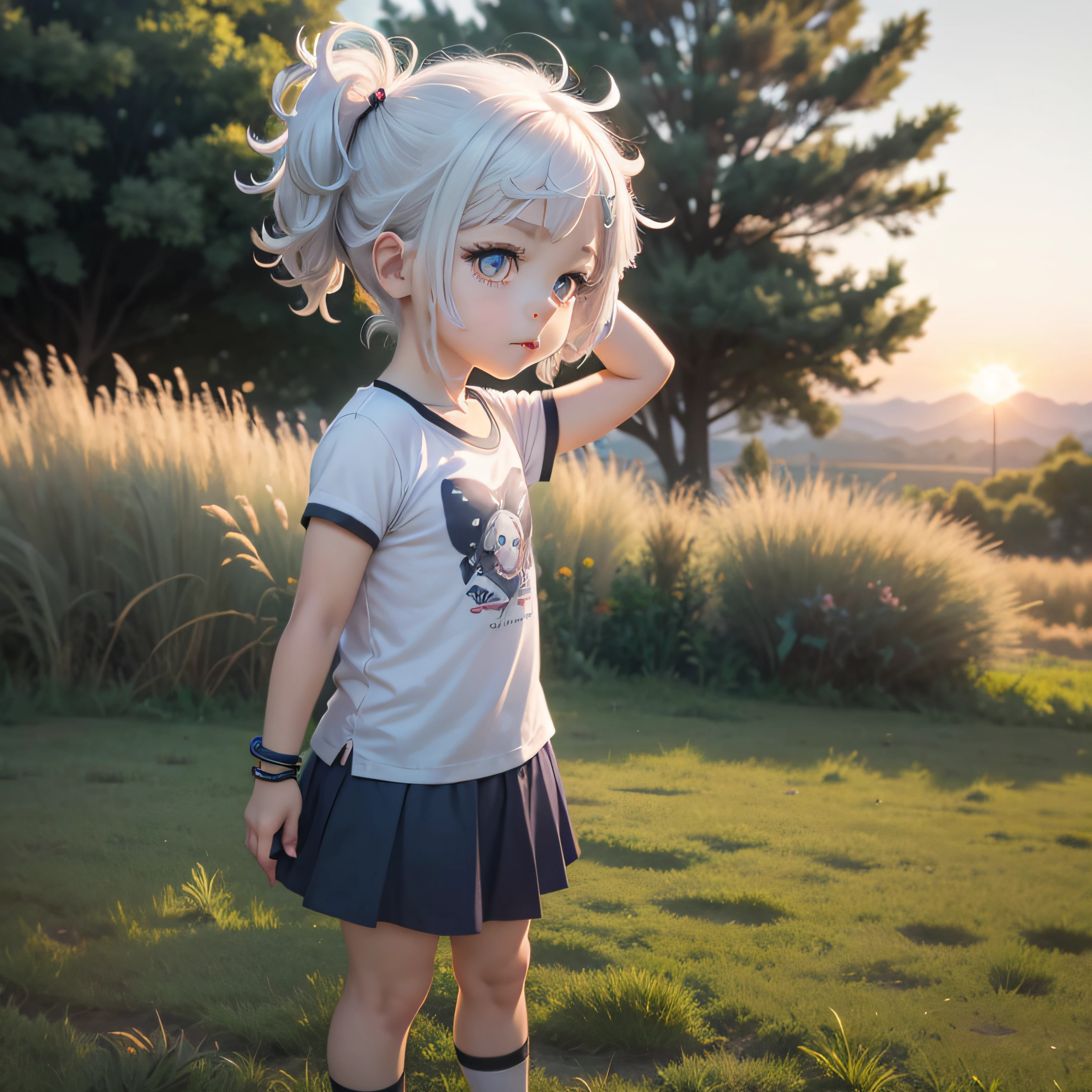 Cute little girl, chibi, white hair, bracelet, looking at sunset, cute face, blue eyes, T shirt, skirt, standing , sneaker boots, bracelet, grass land, view from side