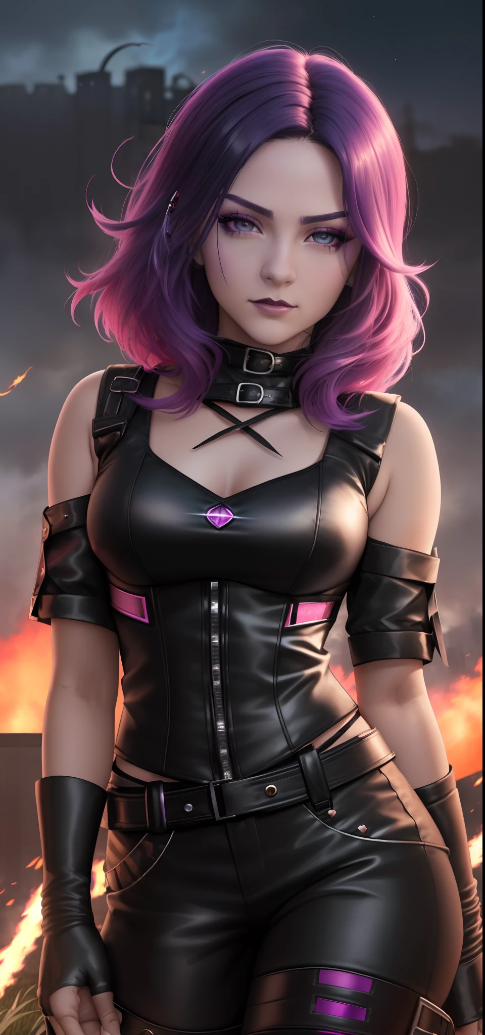 (Movie poster:1.5 )Chica anime, Preciosa, cuerpo completo, (cabello corto y ondulado con rayas de color cian brillante y magenta), grandes ojos azules penetrantes, sombra de ojos negra, (gothic style clothing:1.2), ((pantalon ajustado)), ((botas de cuero hasta la rodilla)), (Field of fire:1.5), (calle nocturna:1.5), maquillaje oscuro, arte digital, tendencias en Artstation, Altamente detallado, Detalle fino, intrincado, hermoso brillo detallado, detallado, CinematicLight, high resolusion, Detailed facial features, foco nítido, Suave, ((Dynamic pose)),Science-Fiction,(enojado, sonriente)