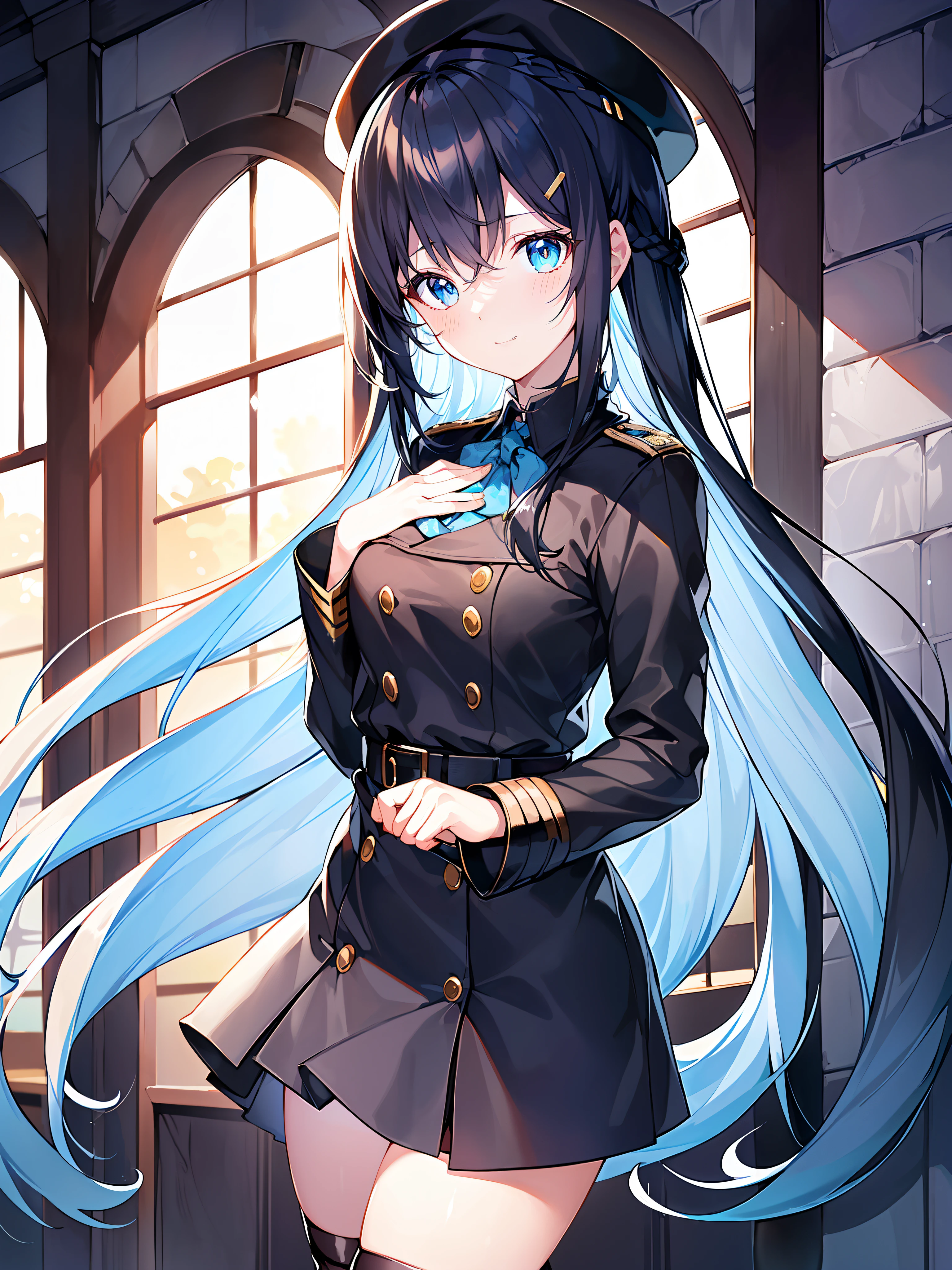((anime girl with long black hair and blue eyes)), anime moe art style, Anime visuals of cute girls, beautiful anime high school girl, anime style 4 k, Anime girl in black military uniform, pretty anime girl, Beautiful anime girl, clean detailed anime art, Cute anime girl, high detailed official artwork,((Shinonome picture name)),((high-level image quality,hightquality,Every detail,Well equipped,masterpiece)),Girl with a neat and clean atmosphere,Girl giving a salute,1girl in,Solo,((in black military uniform,Black skirt,Black tights)),(Long boots in black color),((Belt at waist)),blue-sky,Military uniform with cloak,(frills skirt),Military Cap,teak,happy girl,((Light blue hairpin)),(Braided side hair),Cool,(Black choker around the neck),Gentle sister,senior,(Long black straight hair)