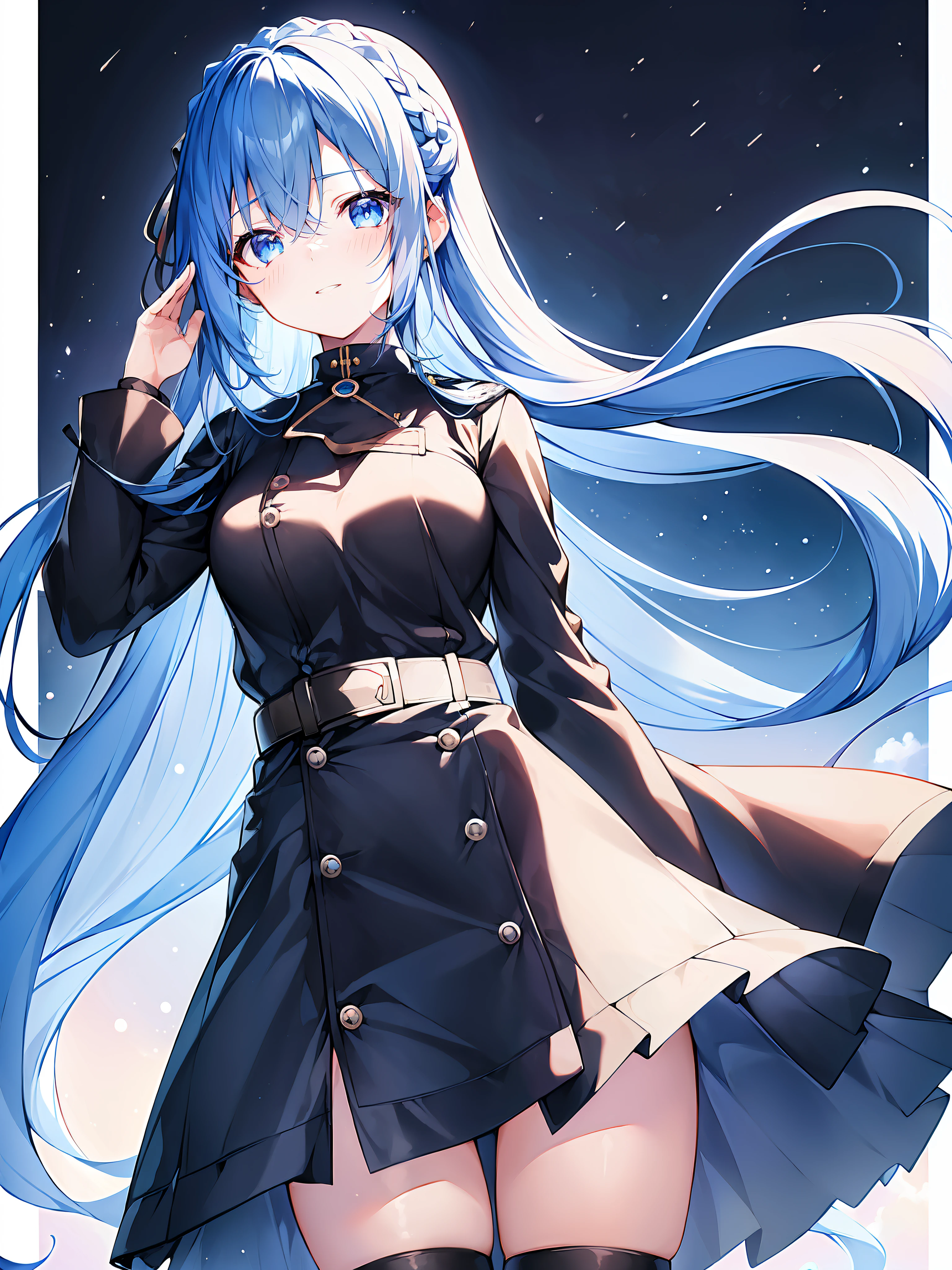 ((anime girl with long black hair and blue eyes)), anime moe art style, Anime visuals of cute girls, beautiful anime high school girl, anime style 4 k, Anime girl in black military uniform, pretty anime girl, Beautiful anime girl, clean detailed anime art, Cute anime girl, high detailed official artwork,((Shinonome picture name)),((high-level image quality,hightquality,Every detail,Well equipped,masterpiece)),Girl with a neat and clean atmosphere,Girl giving a salute,1girl in,Solo,((in black military uniform,Black skirt,Black tights)),(Long boots in black color),((Belt at waist)),blue-sky,Military uniform with cloak,(frills skirt),Military Cap,teak,happy girl,((Light blue hairpin)),(Braided side hair),Cool,(Black choker around the neck),Gentle sister,senior,(Long black straight hair)