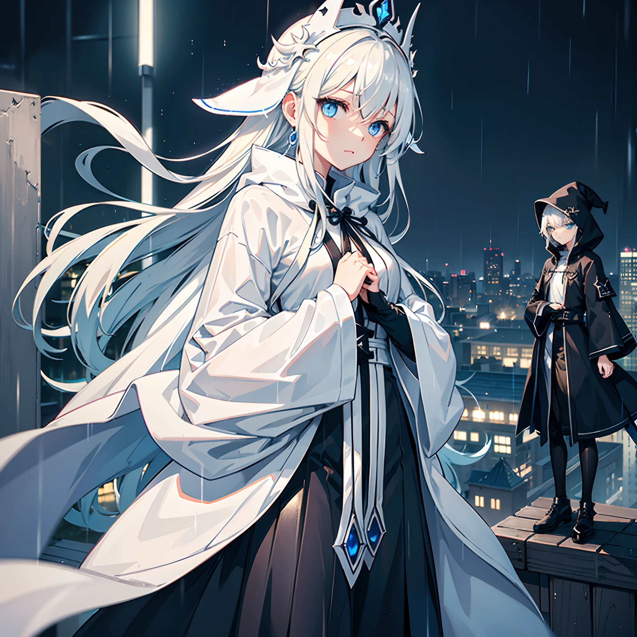 Rooftop of a building late at night in the rain、Rainy night view、One Wizard Girl Standing、Wizard black hooded robe、white t-shirts、a black skirt、white hair with a green mesh、Blue eyes with highlights、Looking at me with a desperate expression、Wearing a large wizard hat with sapphire accessories、Black sneakers with white strings、
