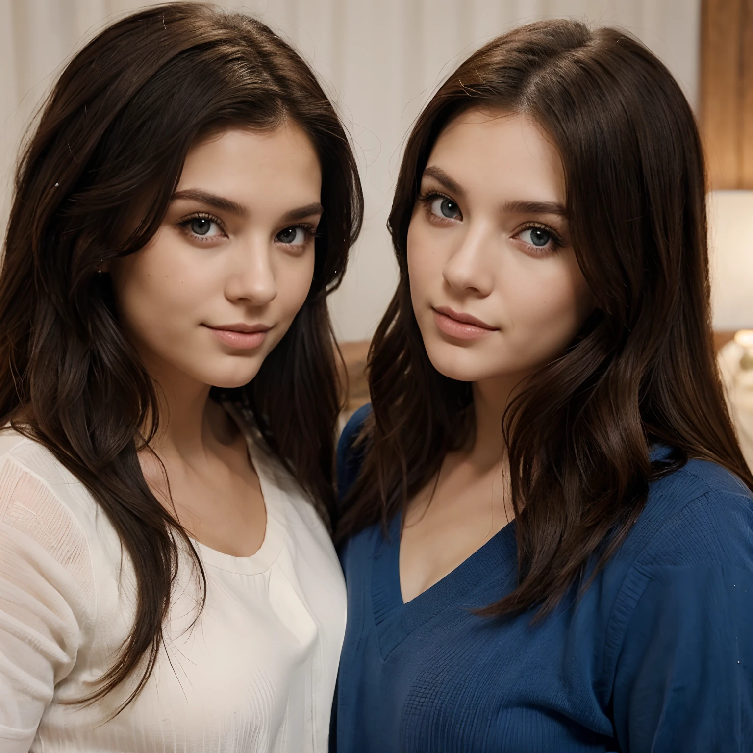 Crie um desenho de um casal composto por duas mulheres, where one has black hair and blue eyes and the other is brown with brown hair