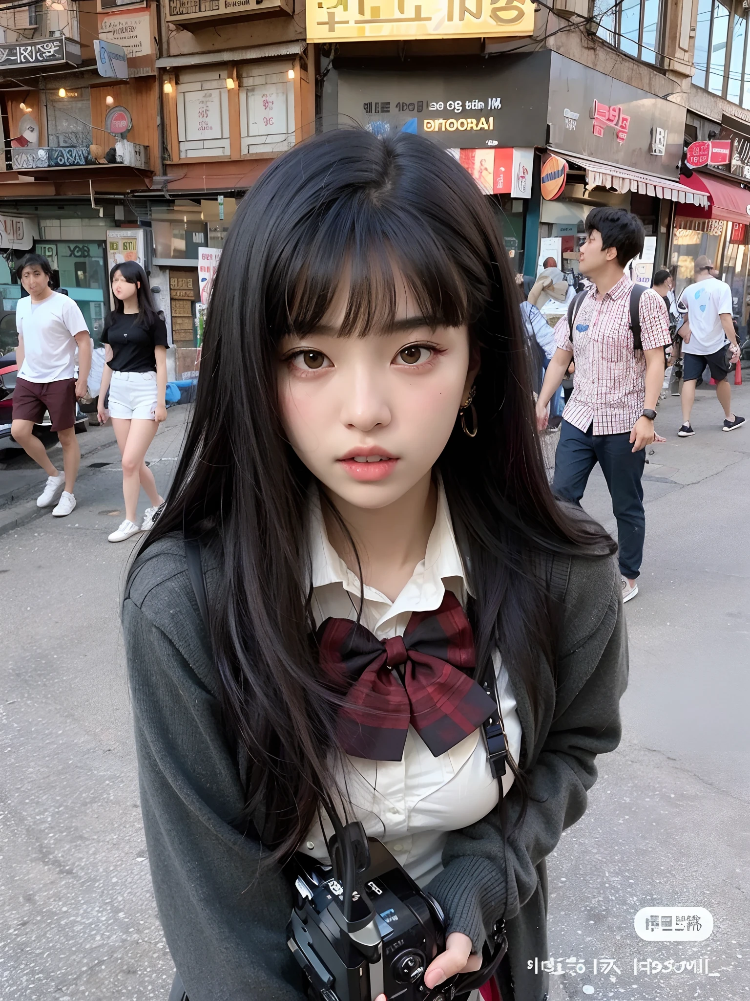 arafed asian woman with camera in street with people walking by, ulzzang, she has black hair with bangs, black hime cut hair, anime girl in real life, white hime cut hairstyle, neat hair with bangs, korean girl, wan adorable korean face, with long hair and piercing eyes, long hair with full bangs, cruel korean goth girl