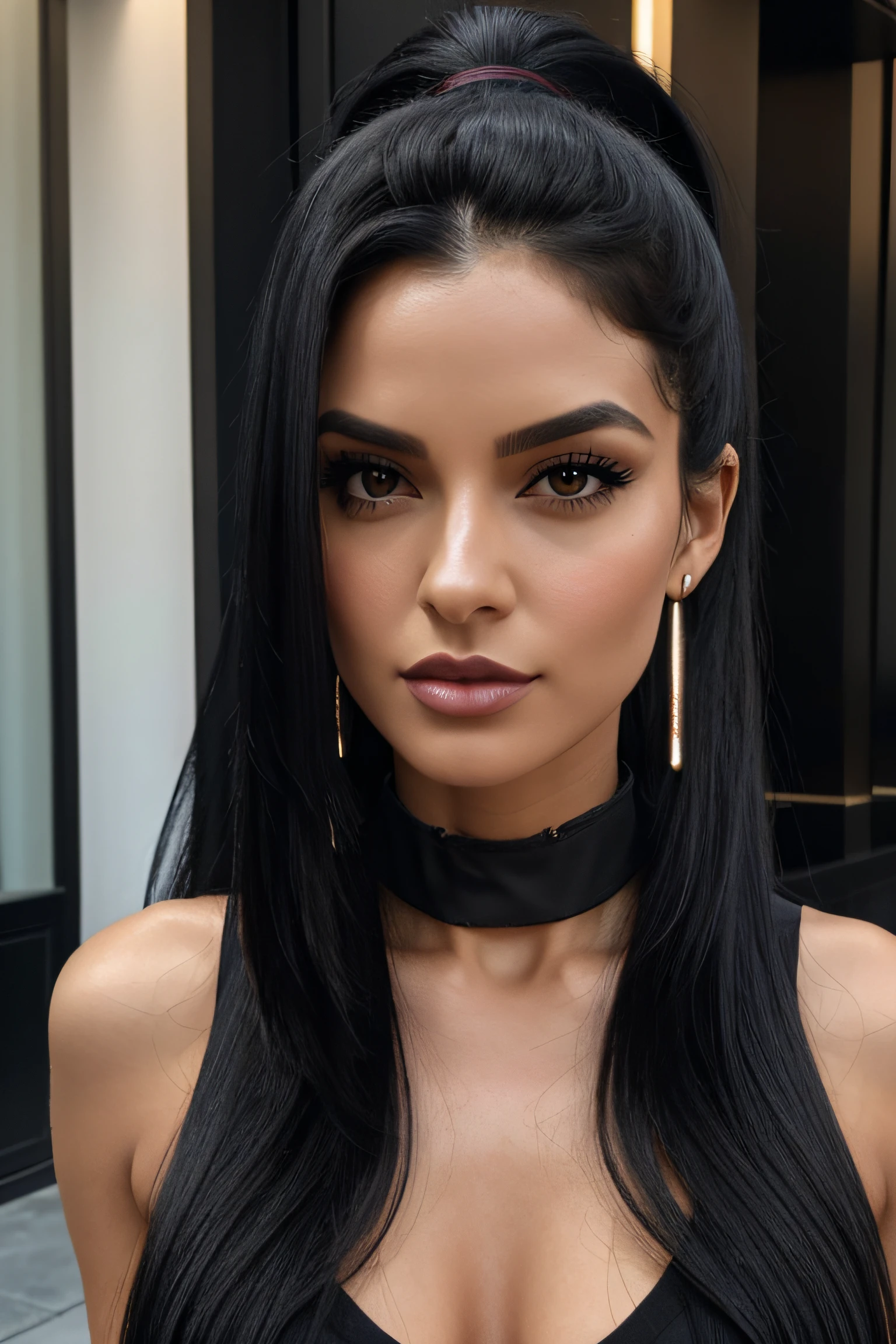 arafed american woman with a black top and a choke and a choker, wavy long - length black hair, fierce look, wavy long black hair, long black hair in a ponytail, wavy black hair, sultry look, portrait shot, sexy face with full makeup, official product photo, long thin black hair, long black ponytail, standing on Rodeo Drive