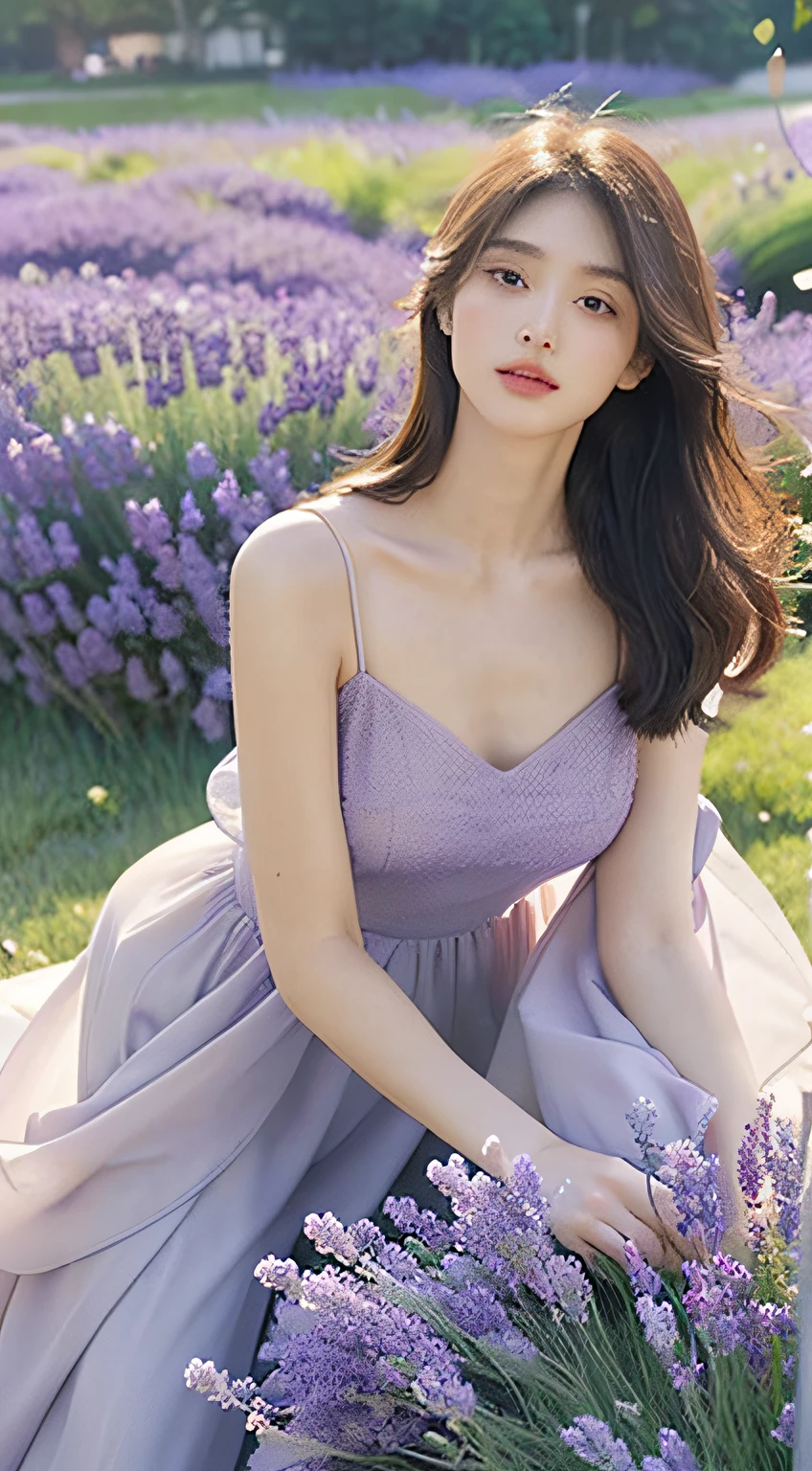 (hyperrealistic), (8K), 1 young girl, (beautiful detailed eyes), (beautiful detailed lips), (extremely detailed face), (long eyelashes), (soft smooth skin), (Supermodel body), (supermodel measurements), (wear Dress with a high slit), (in the lavender field), (stand Flirting with the camera:1.2), (vivid colors), (bright sunlight), (subtle shadows), (gentle breeze), (butterflies fluttering around), (delicate lavender scent), (dewdrops on flowers), (tall green grass), (lush purple lavender bushes), (golden sunset), (soft warm glow), (dreamlike atmosphere), (crisp clear details), (high definition), (natural lighting), (impeccable quality), (ultra-fine painting), (romantic and serene), (postcard-worthy scene), (captivating beauty), (innocence and youthfulness), (sublime elegance), (timeless charm), (ethereal mood), (artistic masterpiece), (mesmerizing composition), (flawless artistry), mix4