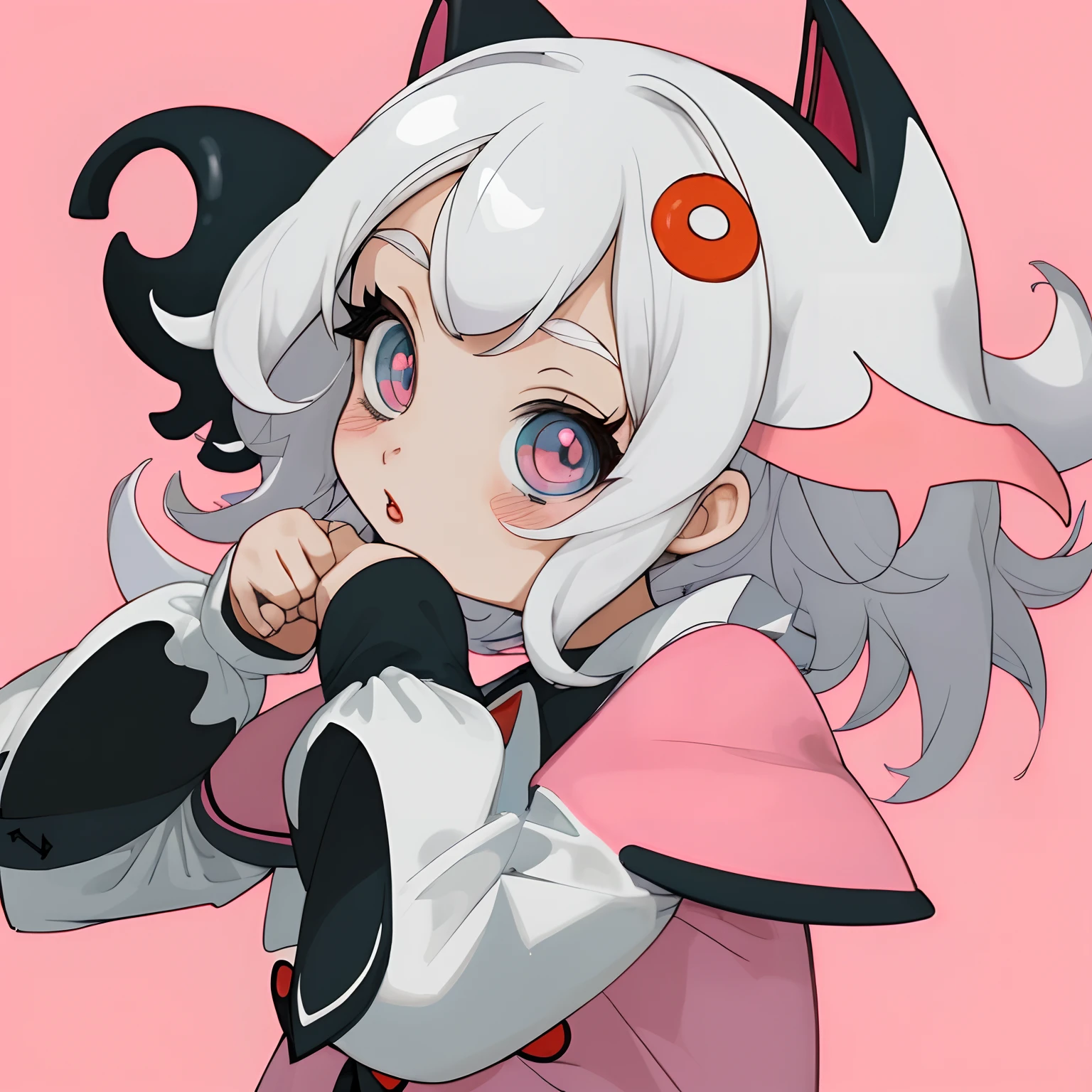 (Modo anime), loli con pechos, pelo blanco con toques rosas, tapada con una manta