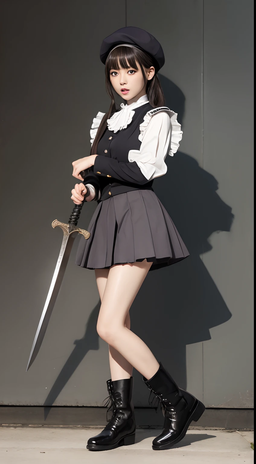 Ruffled uniforms、Hot pants under the skirt、odd eye、A dark-haired、boots、I'm carrying a great sword on my back、beret