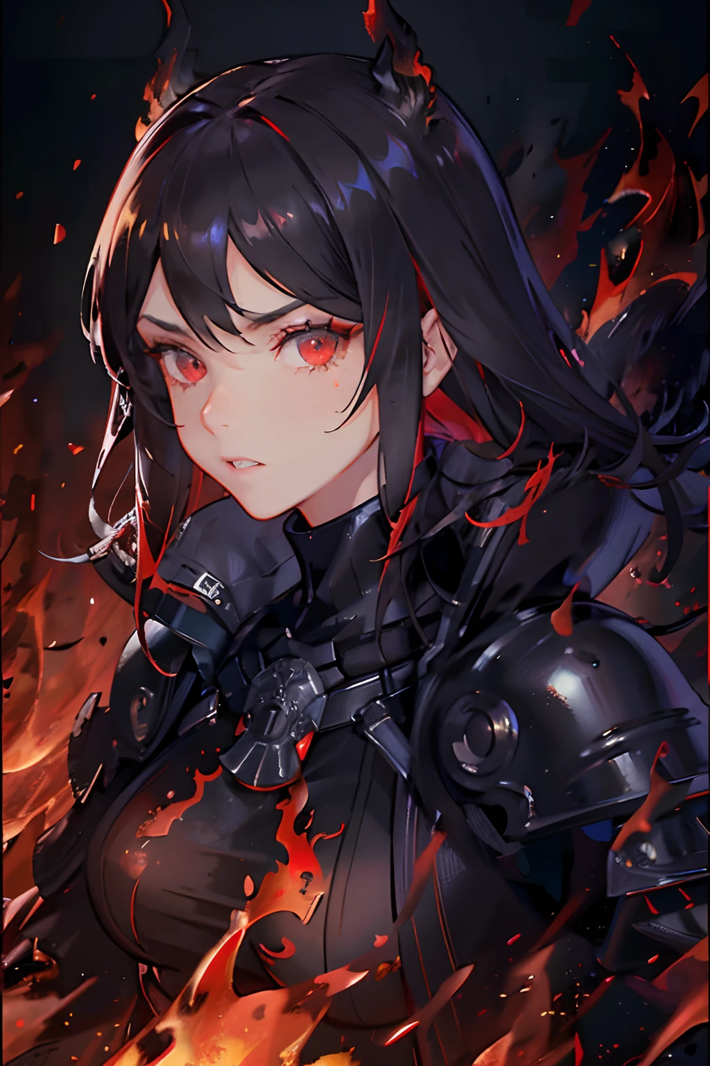 (masterpiece, best quality, extremely detailed CG, beautiful detailed eyes, ultra-detailed, intricate details:1.2), 8k wallpaper, elaborate features, (1girl, solo:1.4), long hair, light brown hair, swept bangs, angry, looking at viewer, detailed red eyes, red fire, red flame, magic surrounds, night, dark, ((black armor)), upper body, ((((dark flames background)))), armored coat, black pants, armored gloves, large breasts, ((((red fire everywhere)))), (((((detailed face))))) (((((detailed eyes)))))