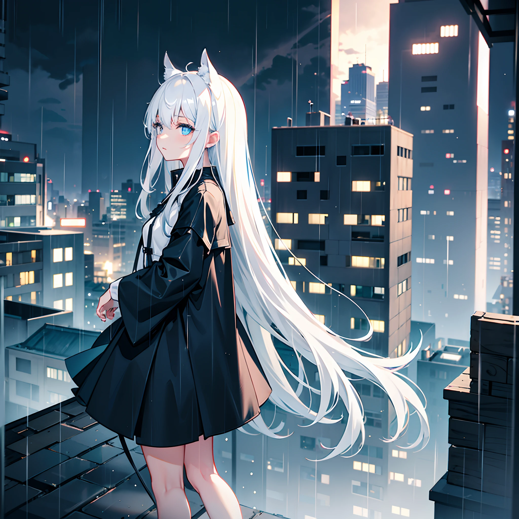 Rooftop of a building late at night in the rain、Rainy night view、One Wizard Girl Standing、Black coat、white t-shirts、a black skirt、white hair with a green mesh、Blue eyes with highlights、Looking at me with a desperate expression、Wearing a large wizard tricorn hat with sapphire accessories、Black sneakers with white strings、