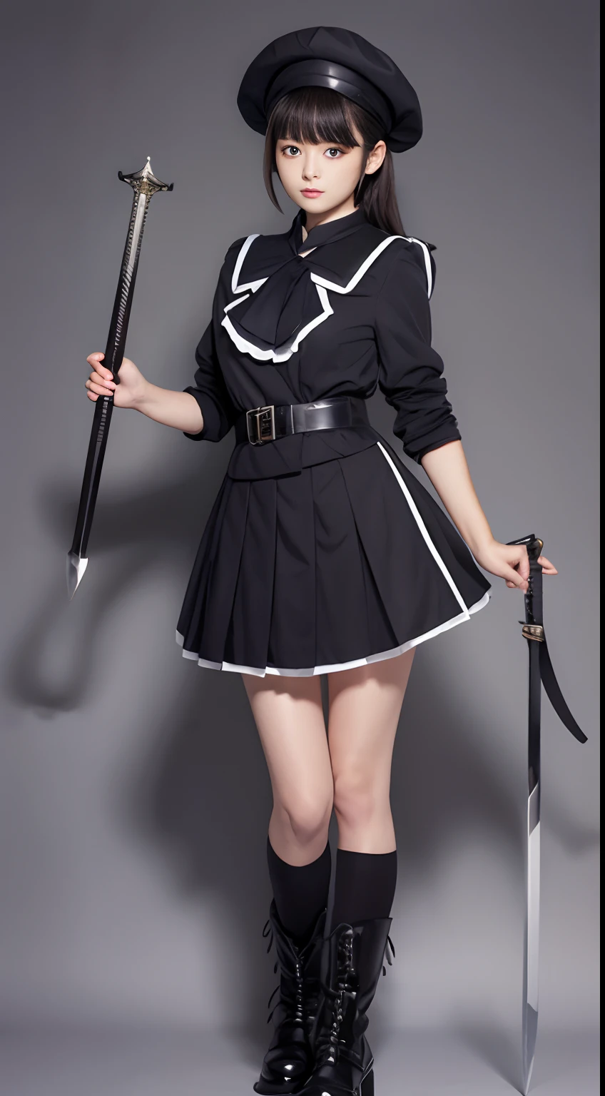 Ruffled uniforms、Hot pants under the skirt、odd eye、A dark-haired、boots、I'm carrying a great sword on my back、Hats