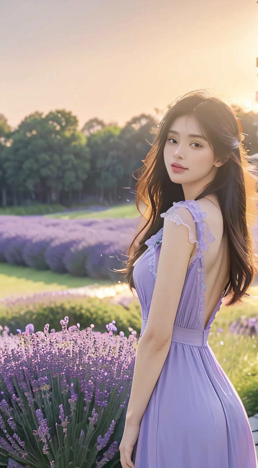 (hyperrealistic), (8K), ung girl, (beautiful detailed eyes), (beautiful detailed lips), (extremely detailed face), (long eyelashes), (soft smooth skin), (Supermodel body), (supermodel measurements), (wear Dress with a lace top), (in the lavender field), (stand Curving your back:1.2), (vivid colors), (bright sunlight), (subtle shadows), (gentle breeze), (butterflies fluttering around), (delicate lavender scent), (dewdrops on flowers), (tall green grass), (lush purple lavender bushes), (golden sunset), (soft warm glow), (dreamlike atmosphere), (crisp clear details), (high definition), (natural lighting), (impeccable quality), (ultra-fine painting), (romantic and serene), (postcard-worthy scene), (captivating beauty), (innocence and youthfulness), (sublime elegance), (timeless charm), (ethereal mood), (artistic masterpiece), (mesmerizing composition), (flawless artistry), mix4