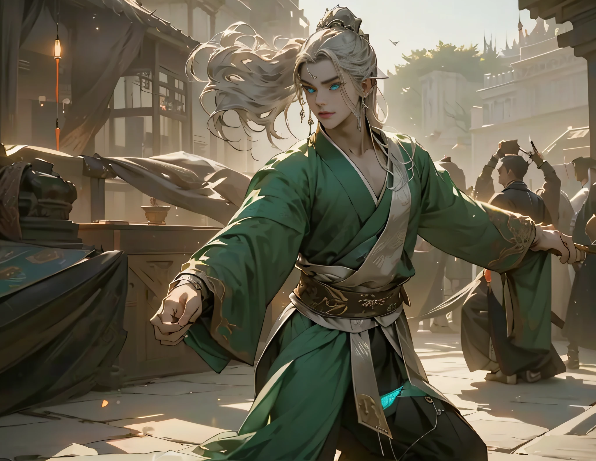 (extreamly delicate and beautiful:1.2), 8K, (tmasterpiece, best:1.0), , (LONG_silver_HAIR_MALE:1.5), Upper body body, a long_haired male, cool and seductive, evil_gaze, wears opened hanfu, half-nudity_chest and intricate detailing, and intricate detailing, finely ((Perfect symmertical eyes:1.5)) and detailed face, Perfect eyes, Equal eyes, Fantastic lights and shadows、white room background、 Uses backlight and rim light