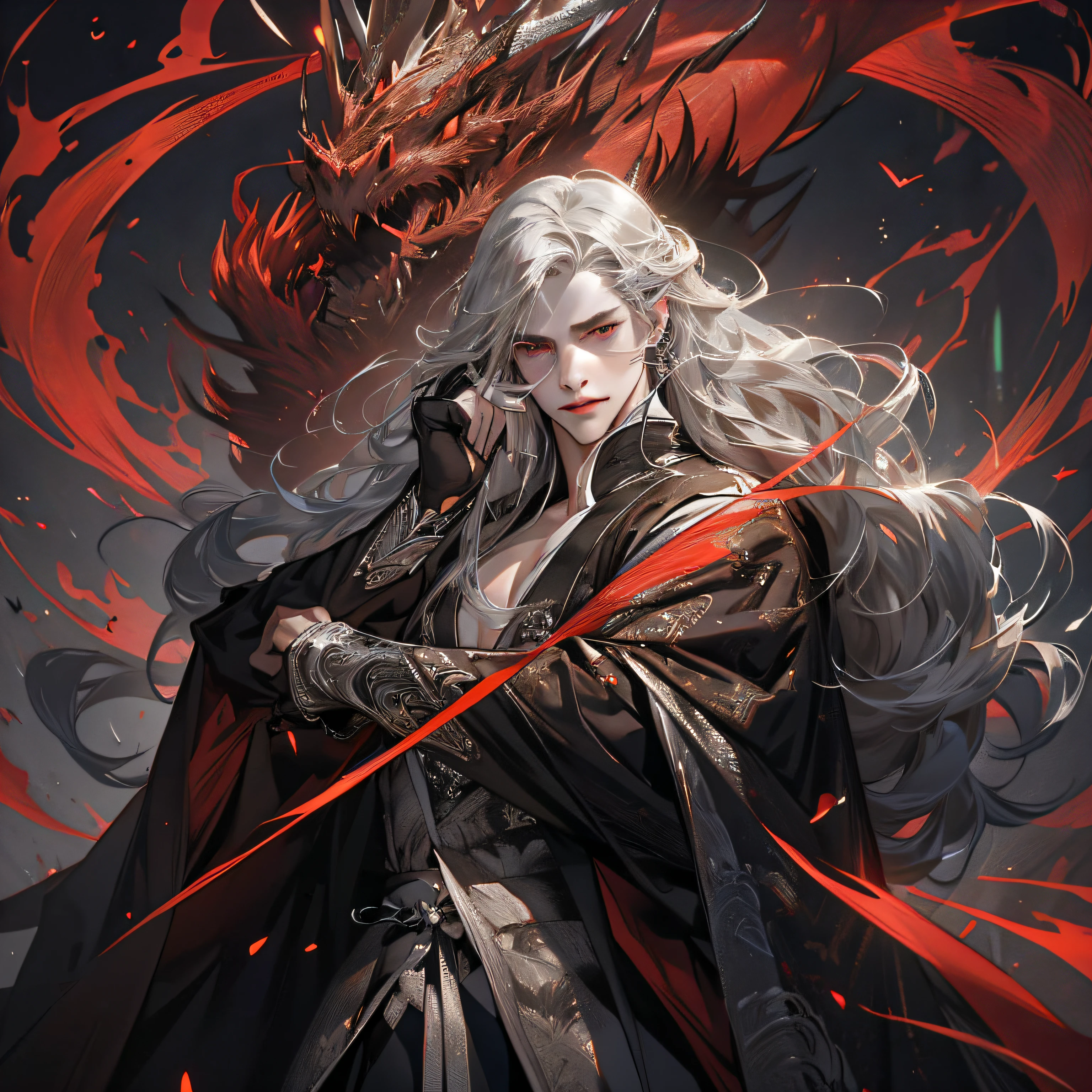 (extreamly delicate and beautiful:1.2), 8K, (tmasterpiece, best:1.0), , (LONG_silver_HAIR_MALE:1.5), Upper body body, a long_haired male, cool and seductive, evil_gaze, wears white hanfu, and intricate detailing, and intricate detailing, finely eye and detailed face, Perfect eyes, Equal eyes, Fantastic lights and shadows、white room background、 Uses backlight and rim light