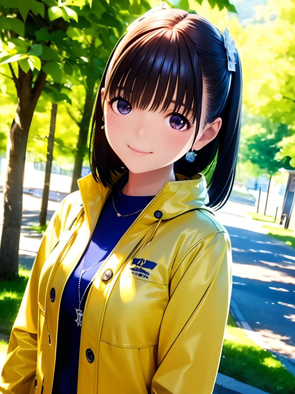 hight resolution,8K,Best Quality,detaileds,semi - realistic anime,Anime 3D Style,Smooth Anime CG,1 girl in,20 year old woman in Japan,slim,modeled,shiny chestnut hair,Medium Hair,Detailed face,Beautiful and detailed eyes,Glowing skin,(parka,layered clothes),earring beautiful,a necklace,autumnal,tag,Colored leaves,Gingko bright, plein air, Beautiful details sky, (dynamicposes:0.8),Hard Focus、film grains,Soft lighting,the wind,looking at the viewers,A smile