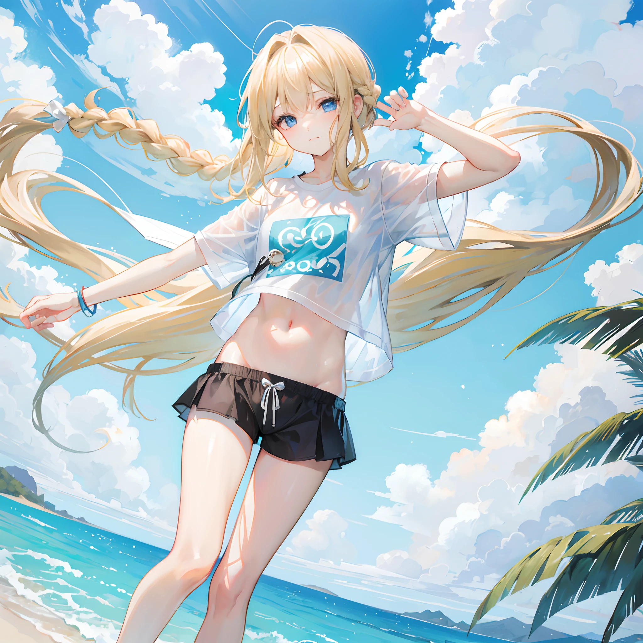 femele,1Child 0 years old,Golden head hair,sports wear,Black sports bra showing through t-shirt,shortpants,Side Up Ponytail,Blue eyes,through,Mansuji, are see-through,small tits,Leaking pee,White liquid dripping from the crotch,