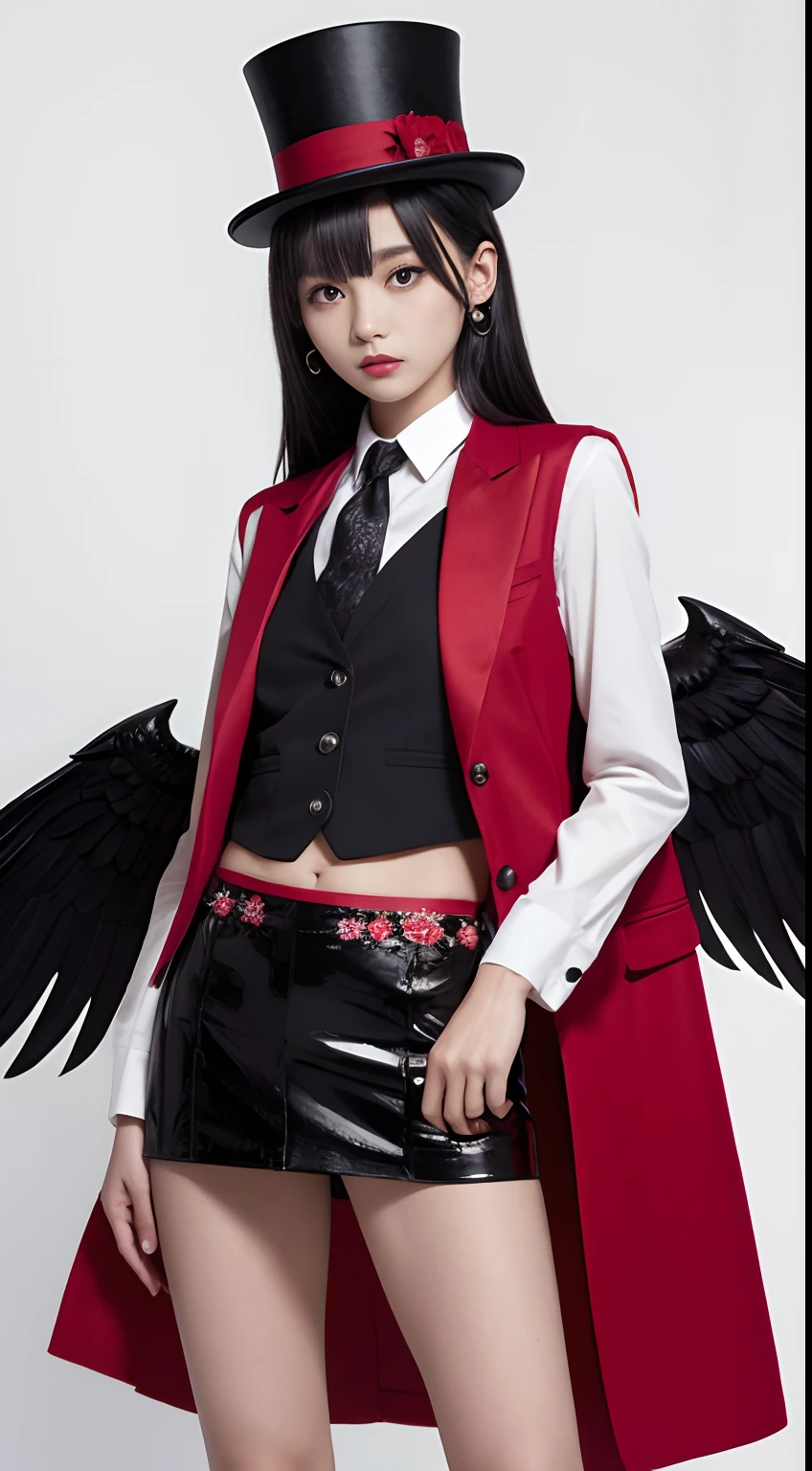 spear、Black hair with red、Vest under blazer、Small top hat and floral ornament on the right、Bone wings on the back、lowfers、knee sox、Hot pants inside the skirt