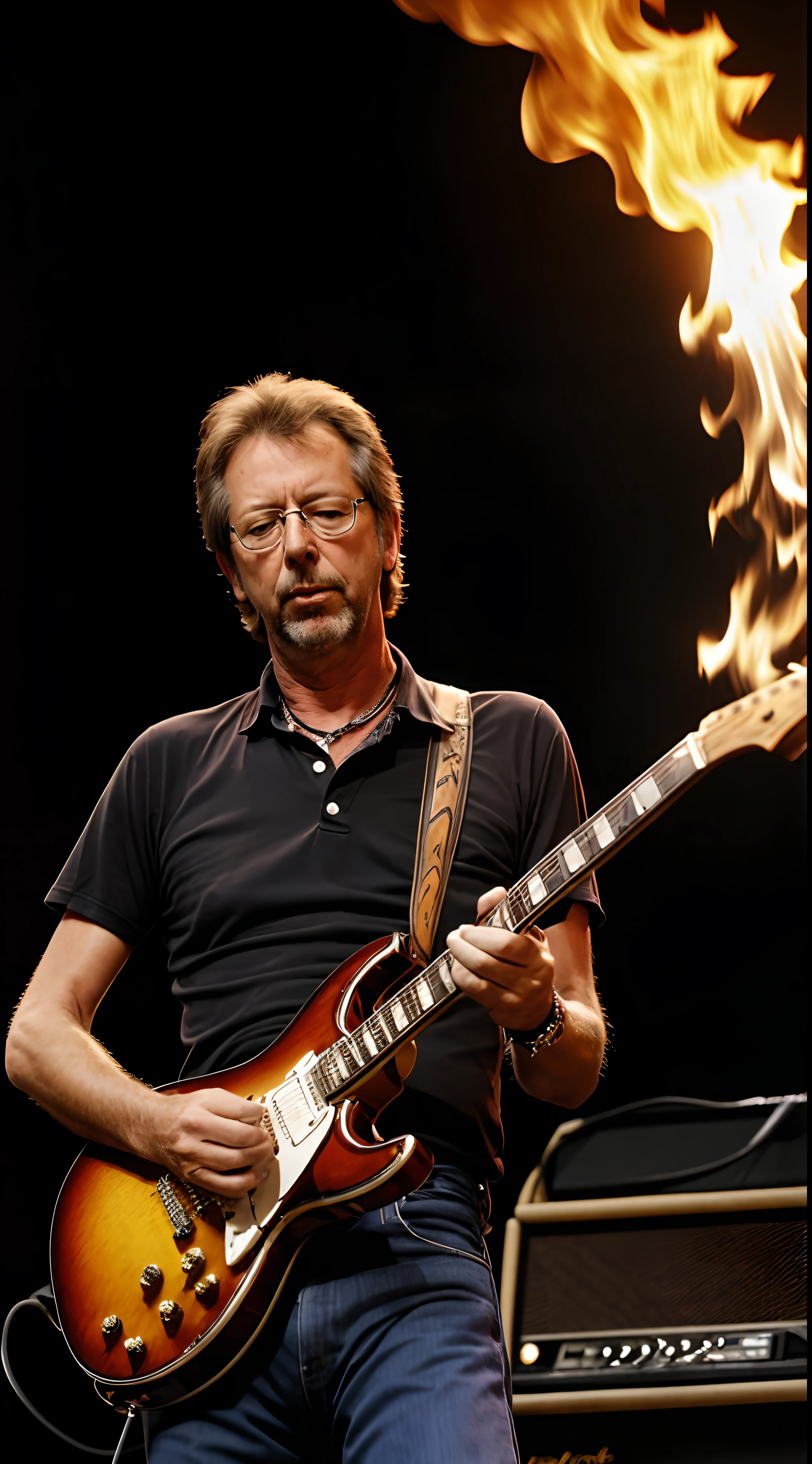 Eric Clapton playing a burning guitar, realistic photo