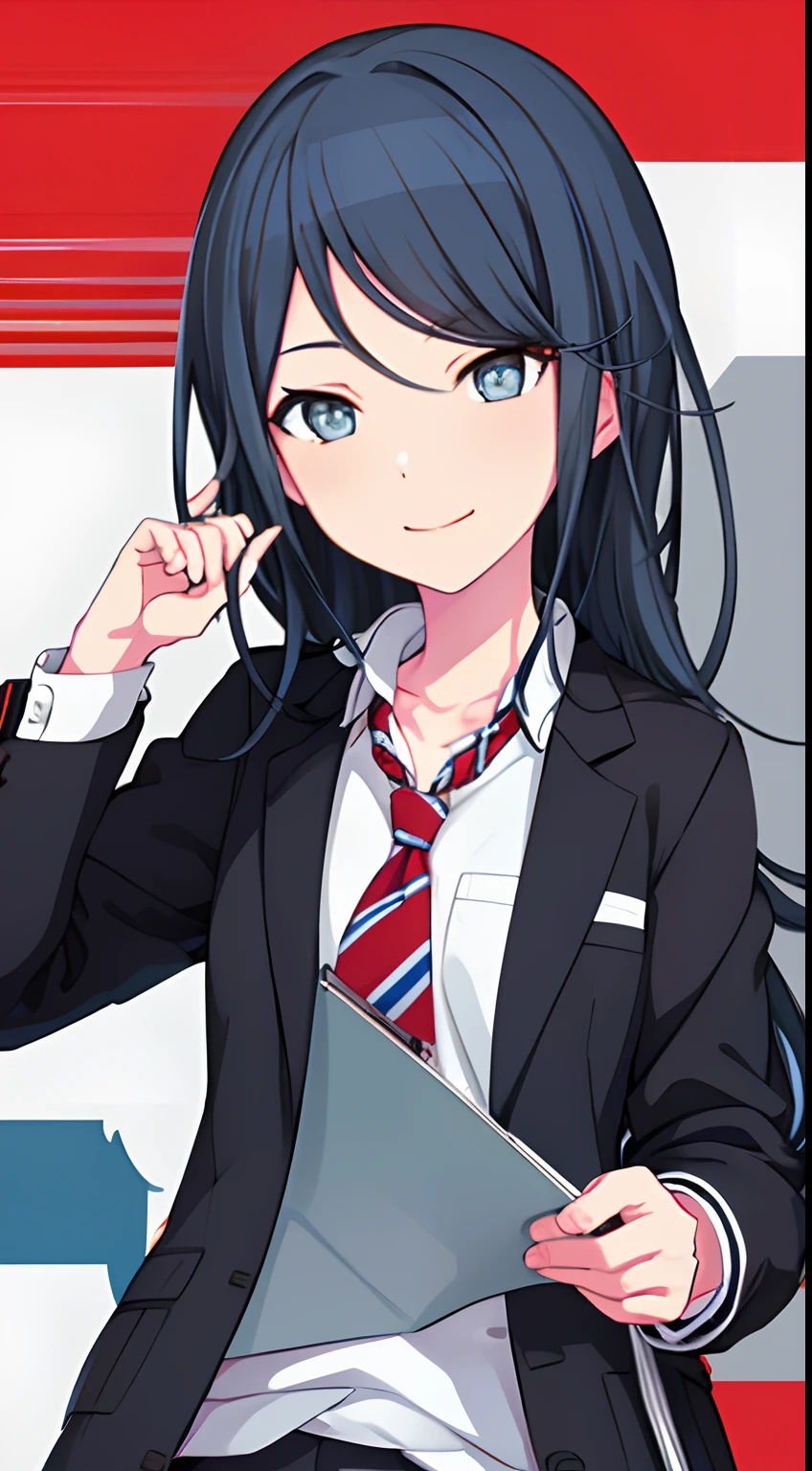 black eyes, ichika3rd, looking at viewer, smile, skirt, , shirt, long sleeves, holding, closed mouth, school uniform, blue hair, jacket, white shirt, upper body, pleated skirt, open clothes, necktie, striped, collared shirt, nail polish, open jacket, fingernails, blazer, red necktie,  instrument, tsurime, outline, grey jacket, guitar, white outline, striped necktie, holding instrument, diagonal stripes, electric guitar, diagonal-striped necktie