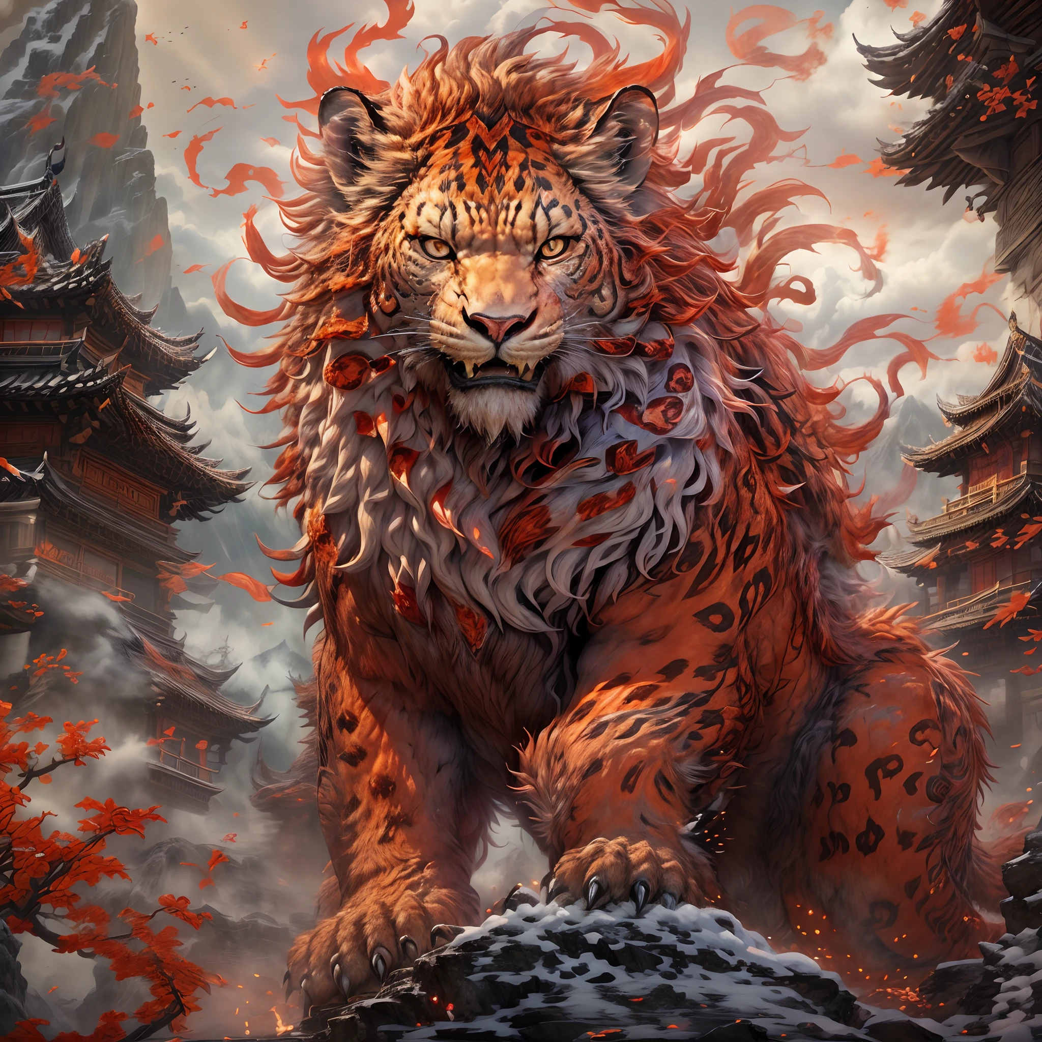 (Best quality,tmasterpiece, iintricate,hyper-detailing，extremely detailed CG unity wallpaper) ,A kind of monster in the mythology of the ancient Chinese book of the Classic of Mountains and Seas，Great Wilderness East Meridian，A mythical beast in Chinese mythology，(((Shaped like a red snow leopard，Huge and powerful。It has a majestic body and sharp claws，The whole body is covered with fur red as blood，The forehead has a sharp horn，It has five tails behind it)))，And both eyes radiate lightning，Surrounded by lightning，White clouds surround，Dreamland Wonderland、Genting Heavenly Palace，The peaks are steep，Strange rocks，fanciful，ogre、fang、Riding，Faraway view，(Best quality,tmasterpiece, iintricate,hyper-detailing，RAW photo,8K，hyper HD,超高分辨率,extremely detailed CG unity wallpaper，Chinese colors，The color is bright，brightly，Traditional Chinese elements，（（Ancient murals）），legendary，Dappled light，Hazy haze，mystical aura，tmasterpiece，k hd，Rich in color，Detailed details，Colorful colors)