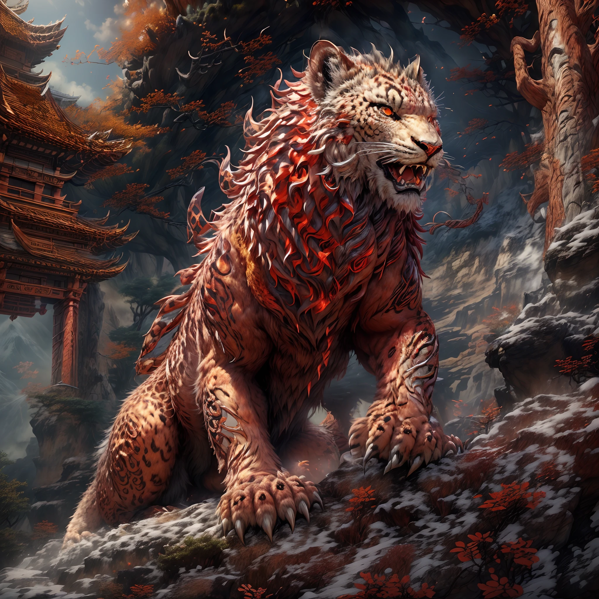 (Best quality,tmasterpiece, iintricate,hyper-detailing，extremely detailed CG unity wallpaper) ,A kind of monster in the mythology of the ancient Chinese book of the Classic of Mountains and Seas，Great Wilderness East Meridian，A mythical beast in Chinese mythology，(((Shaped like a red snow leopard，Huge and powerful。It has a majestic body and sharp claws，The whole body is covered with fur red as blood，The forehead has a sharp horn，It has five tails behind it)))，And both eyes radiate lightning，Surrounded by lightning，White clouds surround，Dreamland Wonderland、Genting Heavenly Palace，The peaks are steep，Strange rocks，fanciful，ogre、fang、Riding，Faraway view，(Best quality,tmasterpiece, iintricate,hyper-detailing，RAW photo,8K，hyper HD,超高分辨率,extremely detailed CG unity wallpaper，Chinese colors，The color is bright，brightly，Traditional Chinese elements，（（Ancient murals）），legendary，Dappled light，Hazy haze，mystical aura，tmasterpiece，k hd，Rich in color，Detailed details，Colorful colors)