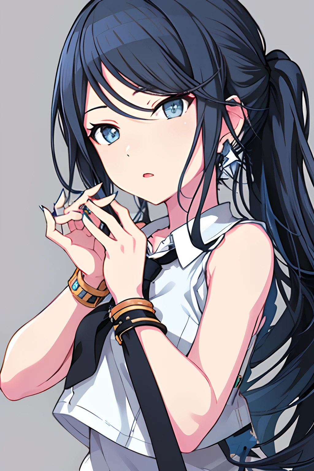 black eyes, ichika3rd, looking at viewer, shirt, bare shoulders, jewelry, blue hair, white shirt, upper body, ponytail, earrings, parted lips, necktie, sleeveless, star (symbol), nail polish, bracelet, hands up, sleeveless shirt, blue nails, blue theme, triangle