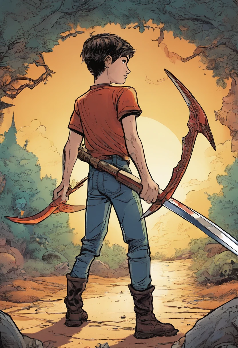 Under cut haired boy using his powers to create a giant death scythe in modern era