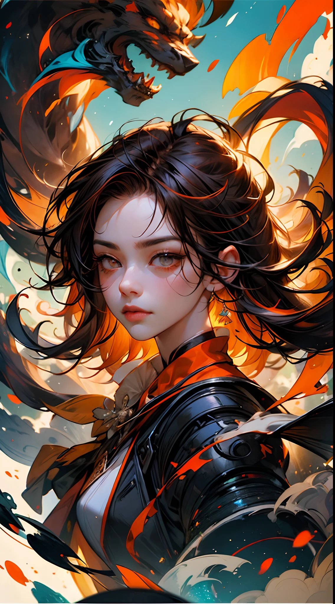 _james Jean, Floating Ribbon Feminine Figure, Smoke, In the Sky, Colorful and Vibrant, Mysterious Colors, Contemporary Impressionism, Yanjun Cheng Portrait, Iridescent Painting, 3/4 Perspective, Cute Face, Low Angle, Sweeping Circling Composition, Beautiful Crystal Big Eyes, Large Brown Iris, Orange Hair, UHD, HDR, 8K, (Masterpiece: 1. 5), (the most beautiful portrait in the world: 1.5)