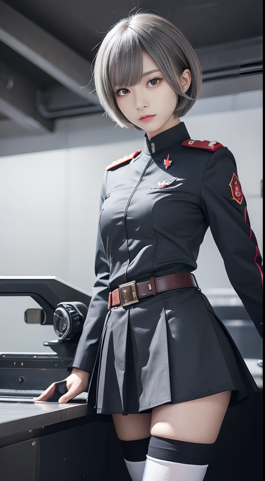 Dragon arm、Wings of Iron、Military uniform in a miniskirt、Gray-haired shorthair、Spads under the skirt、Spherical joints、lowfers、high socks