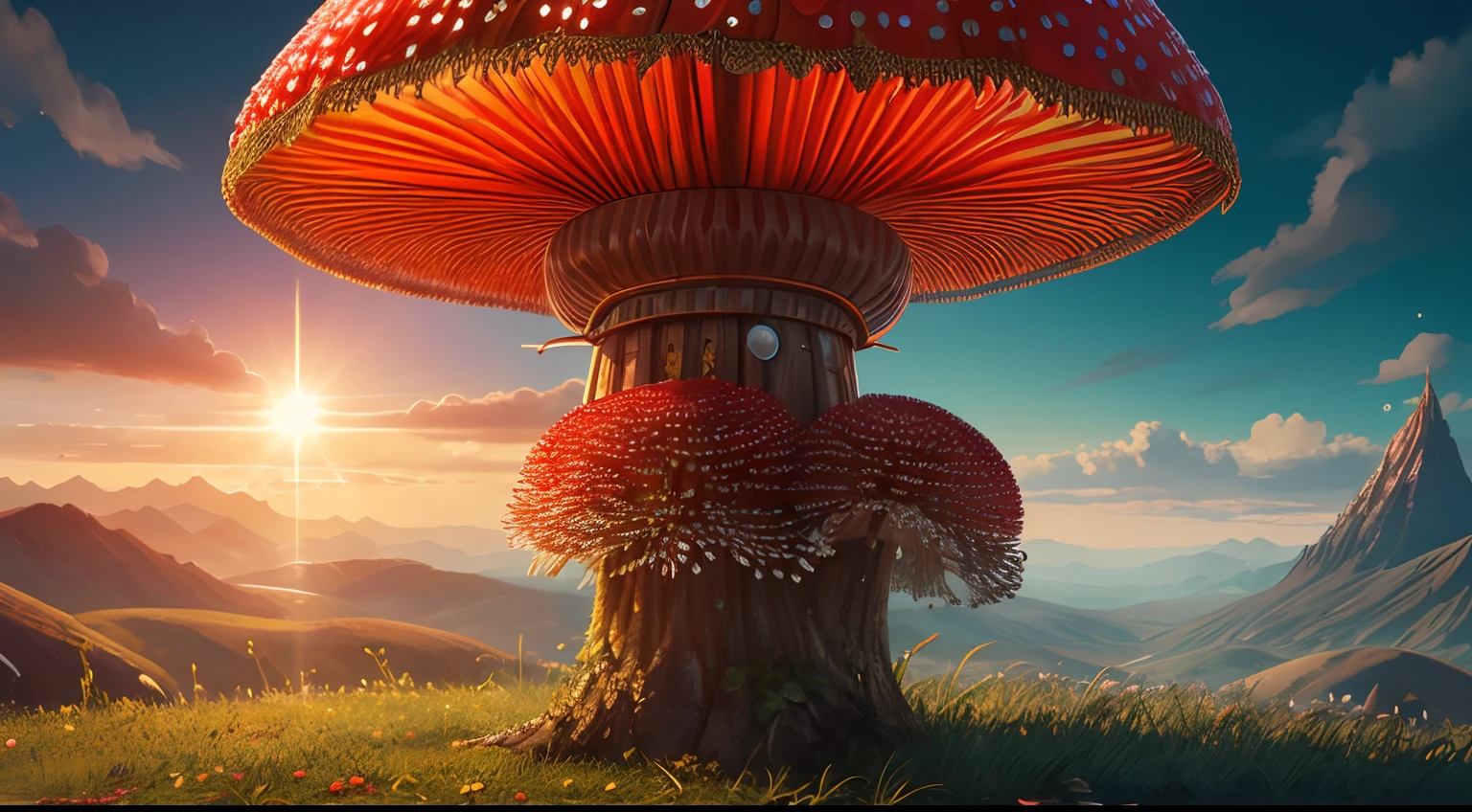 hight resolution, 4k Wallpaper, Ultra-detailed official illustrations, Stylized design, HD обои, an album cover, Chillpop:1.2, A strong and invincible warrior-monk - a magical red fly agaric - the power of artificial intelligence and human consciousness