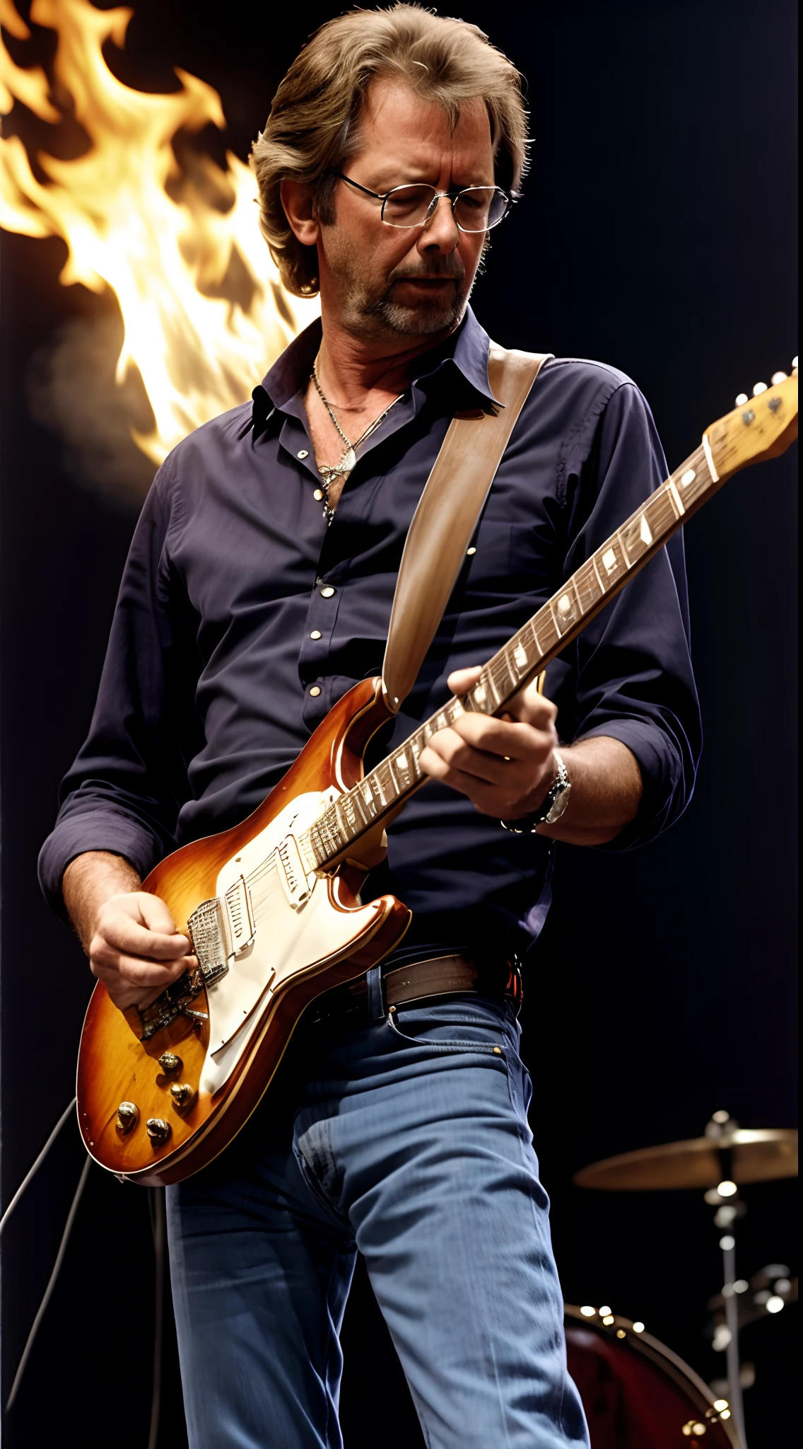 Eric Clapton playing a burning guitar, realistic photo