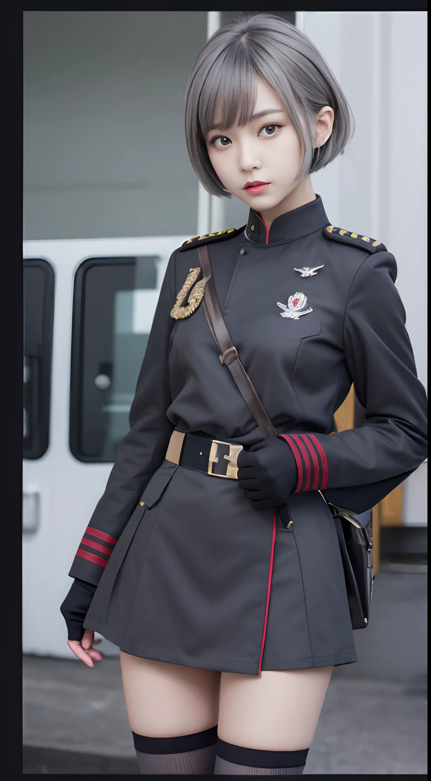 Very detailed CG unity 8K wallpaper，（tmasterpiece），（best qualtiy），（ultra - detailed），（Ultra photo realsisim），（best character detail：1.36），Nikon D750 f / 1.4 55mm，profesional lighting， physically-based renderingt, 1girll, Female soldier，army suit，Dark green military uniform，Fabric texture military uniform，Pure white lining，Dark green tie，bucket-hat，Black hair，the golden ratio,[:(com rosto detalhado:1.2):0.2]:,PureErosFace_V1, broad shoulder,(Bigchest:1.5),(big assa:1.5)，Soaked with sweat，red flags，In the square，Splendid scenery，bright sun，upper body photos，Place your hands on your chest，  Small flags，Flag of China，Night Street，lighting，Contre-Jour，Bright smile，White teeth，