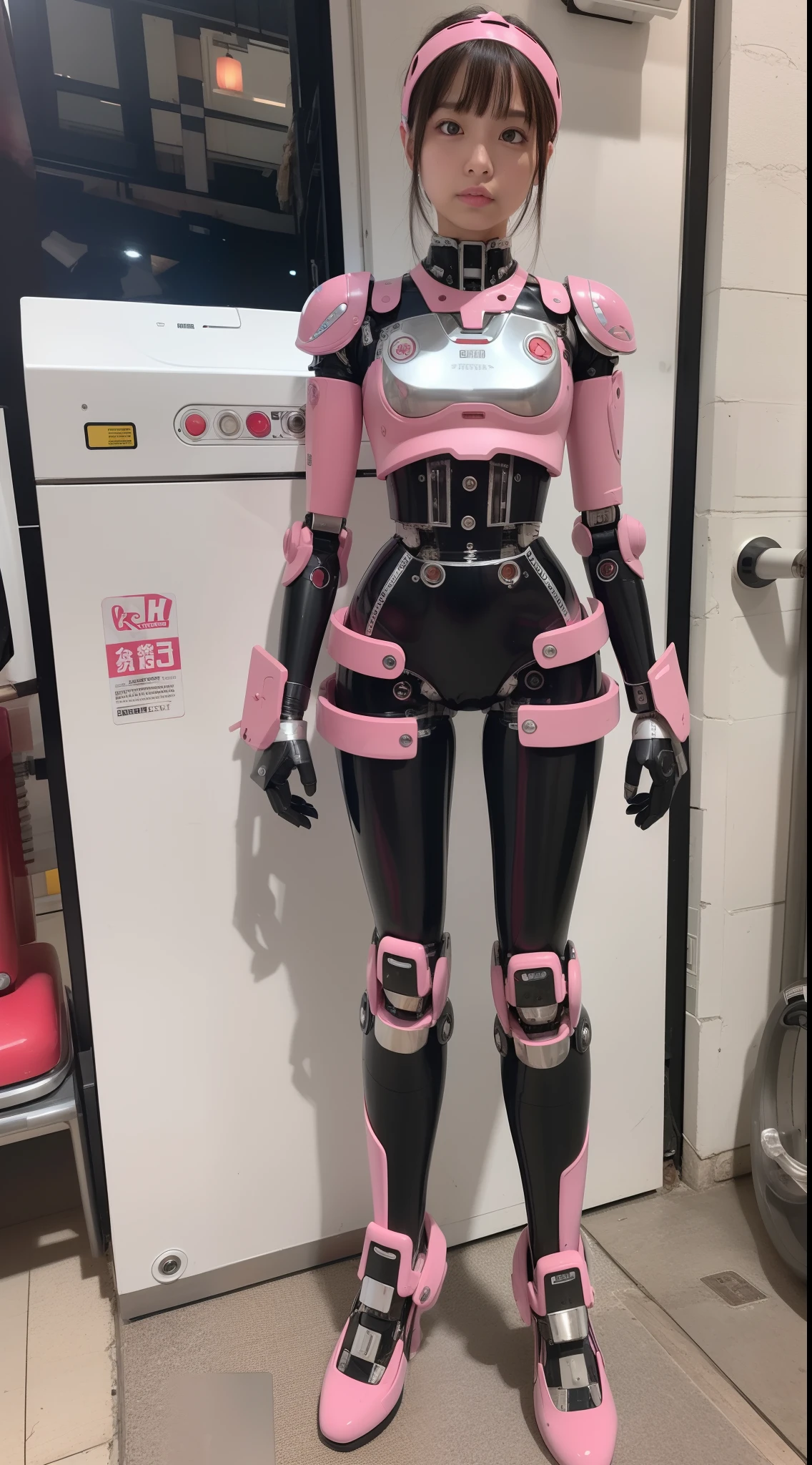 cyborgs, Pink, Silver, metalic, Robot Parts, Metal Parts, Super Detailed Face, Super Cropped Face, of the highest quality, a small face, Full body, Standing, Black hair, Thin, Camera gaze, Internal Mechanical Exposure, Idol, Live action,, 9 head body, gravure, Photo session, akihabara, Moe Pose, Frontal, Model body type, sad, Embarrassing,(Perfect Robot Girl),(Perfect machine body)