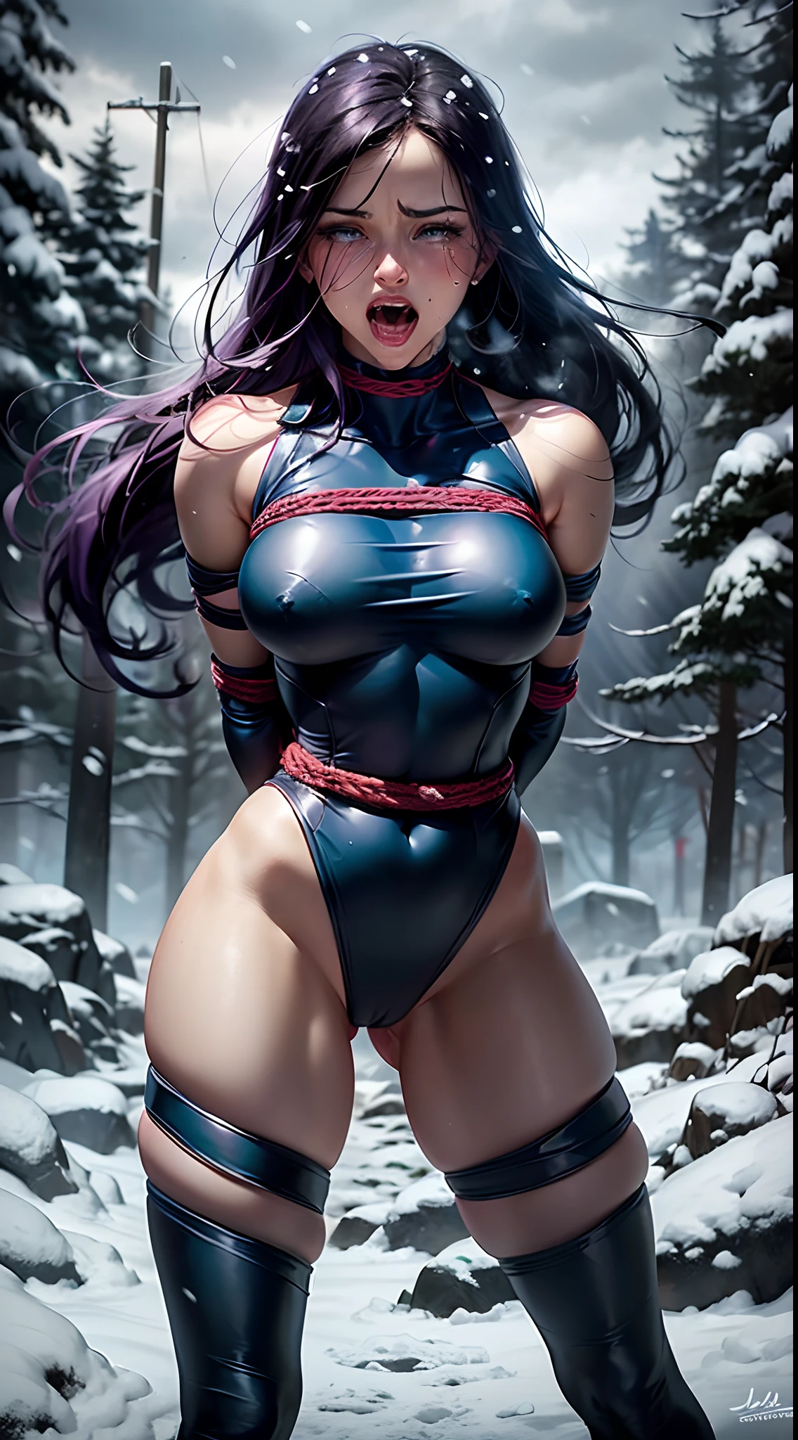 (( whole body view)), ((PSYLOCKE is on a mountain with a lot of snow, nevasca, It's snowing a lot)), (((Ela esta congelando de frio))), ((SUPERHEROINE PSYLOCKE IS RUNNING IN THE MIDDLE OF THE SNOW)), ((She's screaming loudly in pain)), (She's crying a lot), ((ela tem cabelo longo)), (She begs for mercy), (Ela esta vestindo roupas imorais, she's wearing indecent clothes), (obra-prima, melhor qualidade) 1.5, 1girl, sozinho, (sexy, mulher bonita, rosto perfeito, olhos perfeitos), corpo inteiro, (Tiptoes in the snow, babando, tears streaming down her face), ((Shibari)), ((rope bondage)), ((arms behind back)), ((Totalmente amarrado)), ((Fortemente contido com cordas))