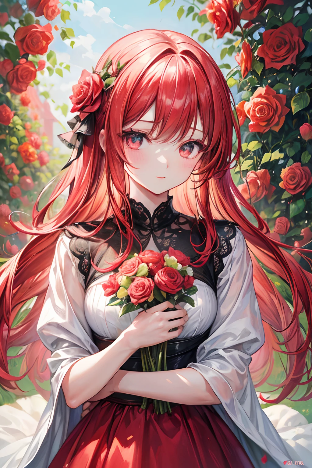 girl with detailed red lips, beautiful detailed eyes, flowing hair, standing in a vibrant garden, surrounded by colorful flowers, under the warm sunlight, wearing a flowing red dress, with a confident and joyful expression, holding a bouquet of roses, in a lively and energetic pose, with a gentle breeze blowing. The artwork is created using oil painting techniques, with an emphasis on vivid colors and realistic rendering. The image quality is of the highest standard, with ultra-detailed and sharp focus, capturing every intricate detail. The overall style of the artwork is a blend of portraits and nature, with a touch of fantasy. The color tone is vibrant and rich, with a warm and inviting atmosphere. The lighting is natural and soft, illuminating the girl's face and highlighting the beauty of the garden.