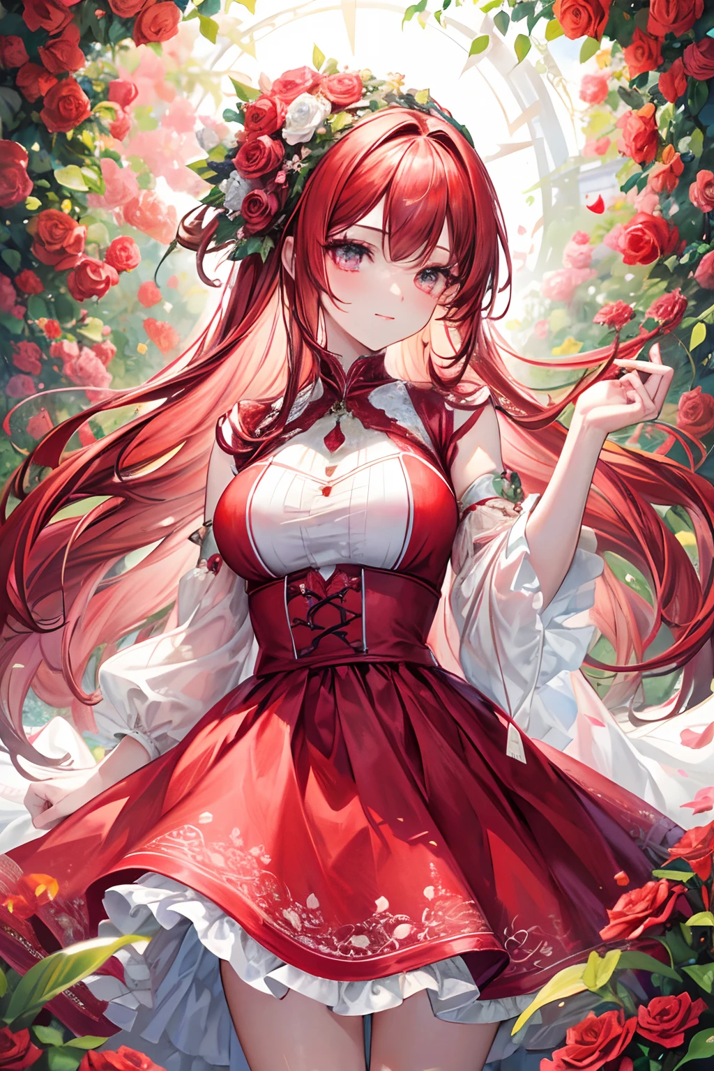girl with detailed red lips, beautiful detailed eyes, flowing hair, standing in a vibrant garden, surrounded by colorful flowers, under the warm sunlight, wearing a flowing red dress, with a confident and joyful expression, holding a bouquet of roses, in a lively and energetic pose, with a gentle breeze blowing. The artwork is created using oil painting techniques, with an emphasis on vivid colors and realistic rendering. The image quality is of the highest standard, with ultra-detailed and sharp focus, capturing every intricate detail. The overall style of the artwork is a blend of portraits and nature, with a touch of fantasy. The color tone is vibrant and rich, with a warm and inviting atmosphere. The lighting is natural and soft, illuminating the girl's face and highlighting the beauty of the garden.